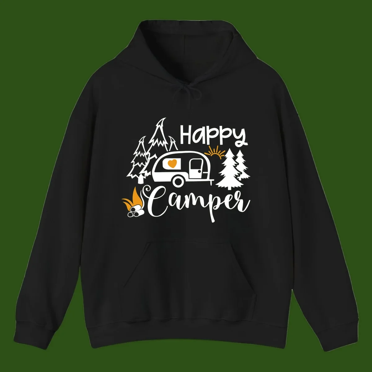 Happy Camper design featuring a retro travel trailer with heart window, surrounded by trees, campfire, and sun on gray background