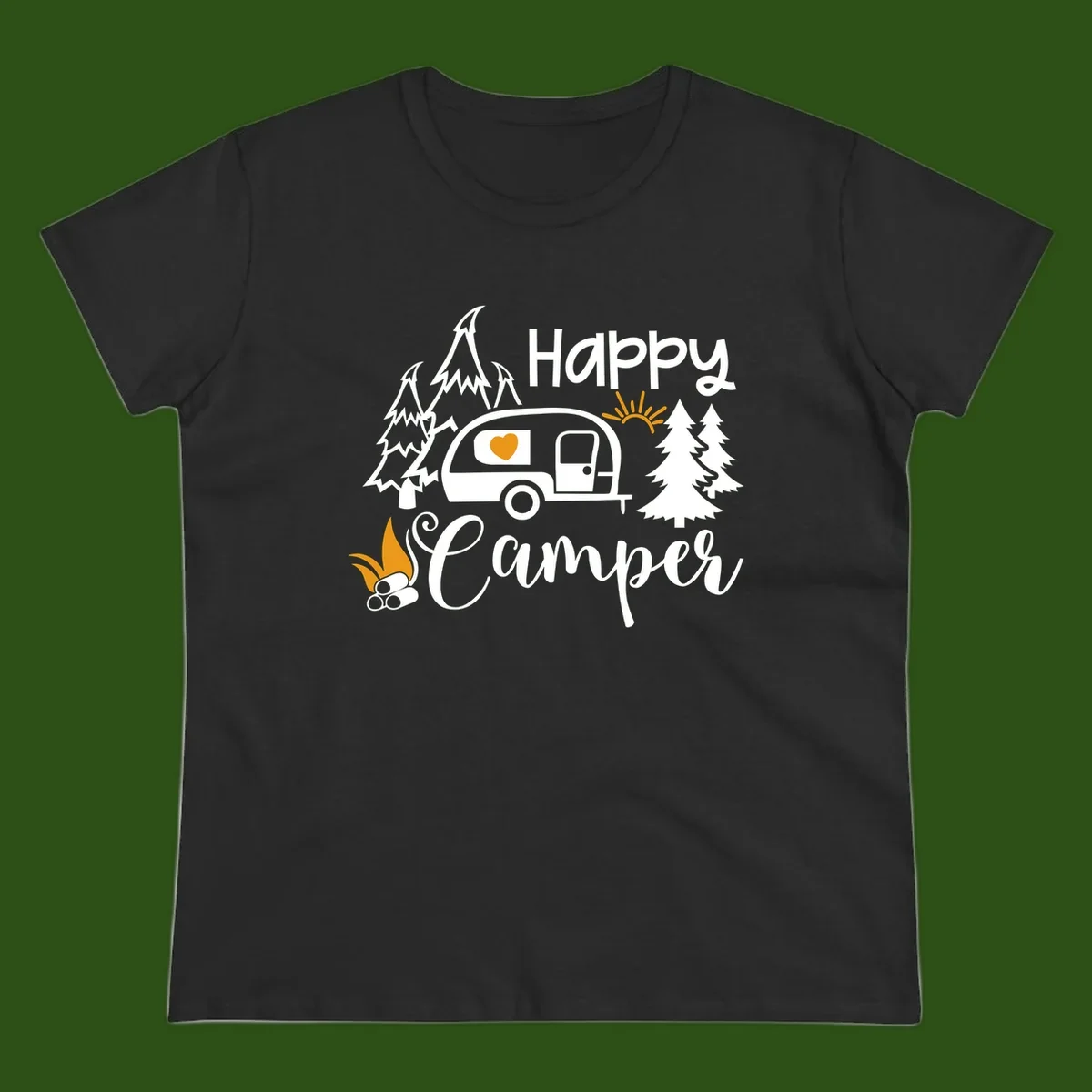 Happy Camper design featuring a retro travel trailer with heart window, surrounded by trees, campfire, and sun on gray background