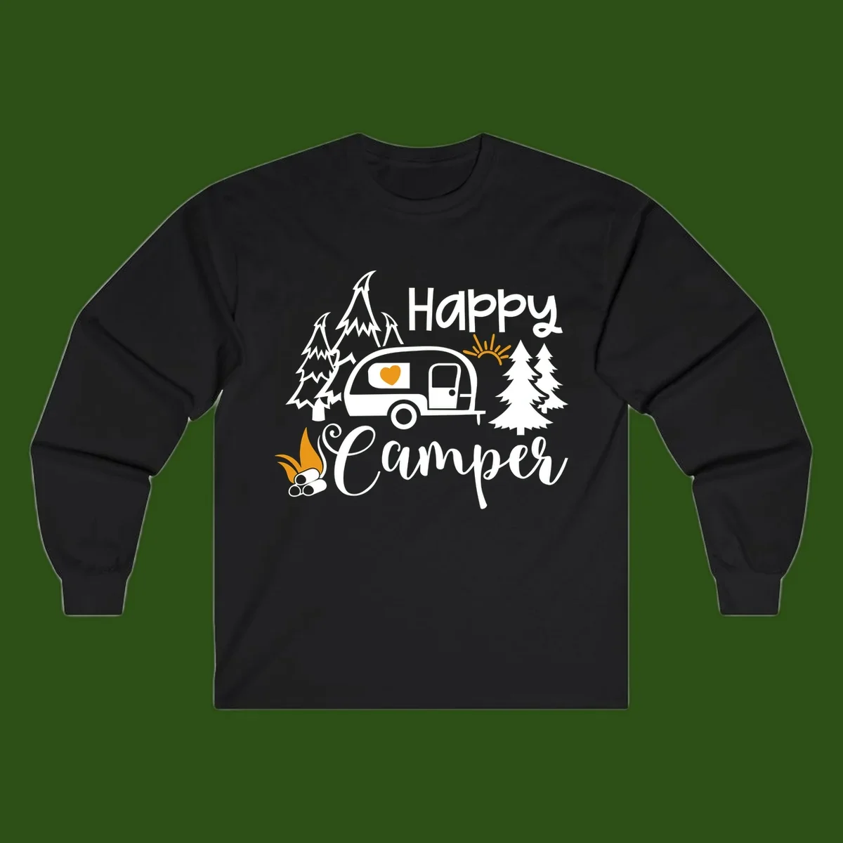 Happy Camper design featuring a retro travel trailer with heart window, surrounded by trees, campfire, and sun on gray background