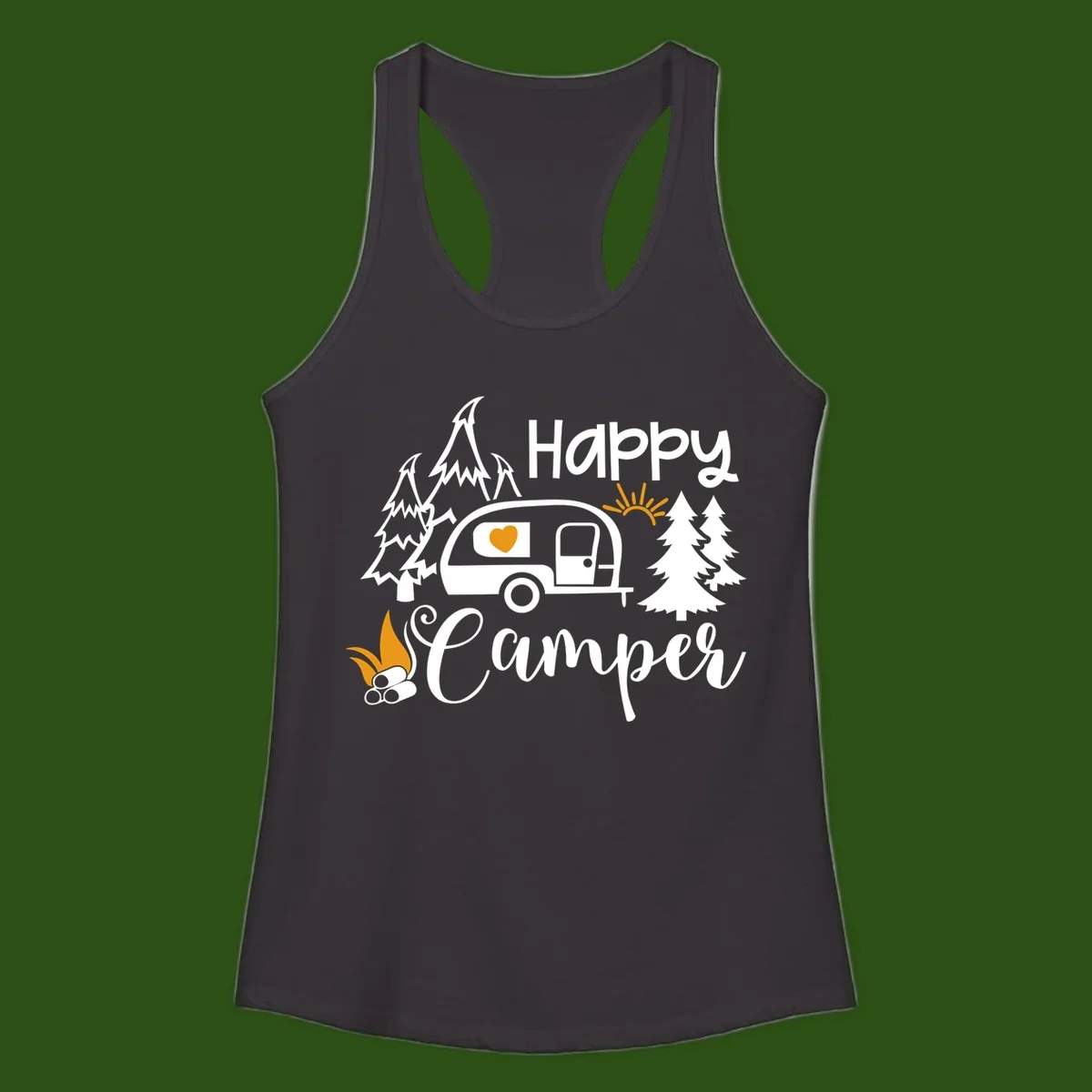 Happy Camper design featuring a retro travel trailer with heart window, surrounded by trees, campfire, and sun on gray background