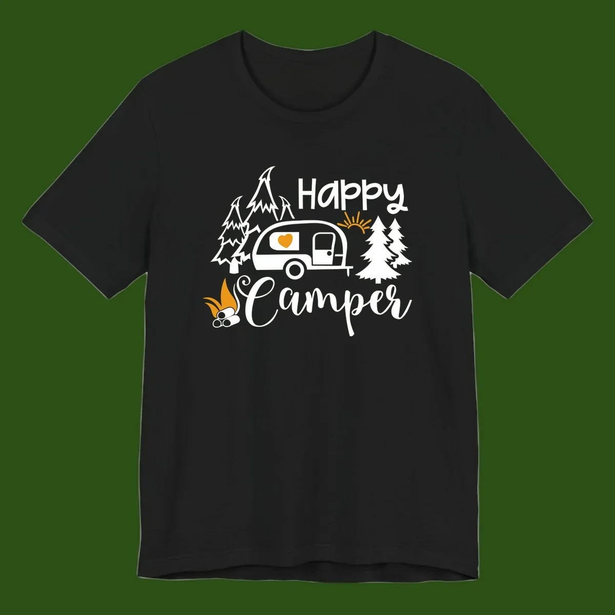 Happy Camper design featuring a retro travel trailer with heart window, surrounded by trees, campfire, and sun on gray background