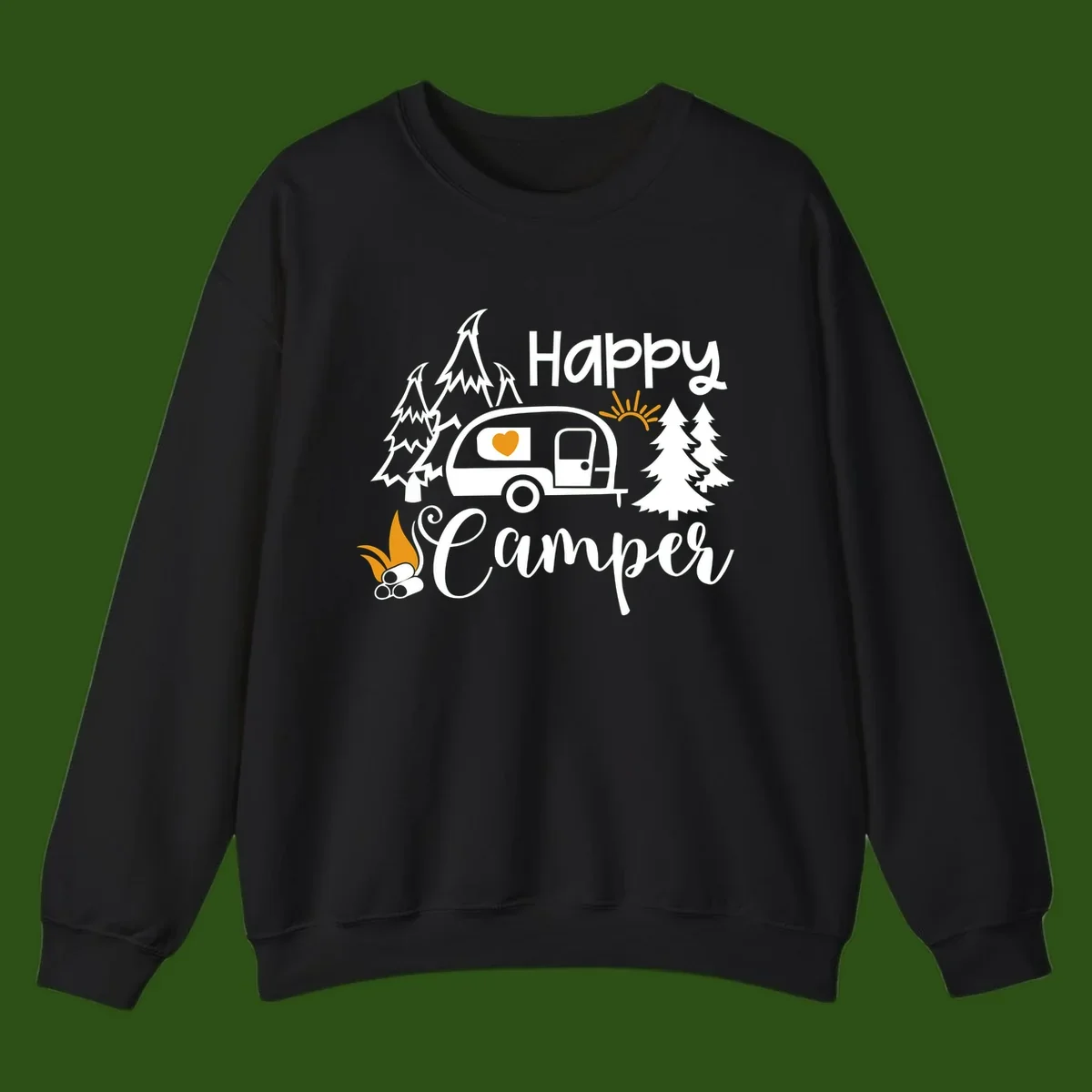 Happy Camper design featuring a retro travel trailer with heart window, surrounded by trees, campfire, and sun on gray background
