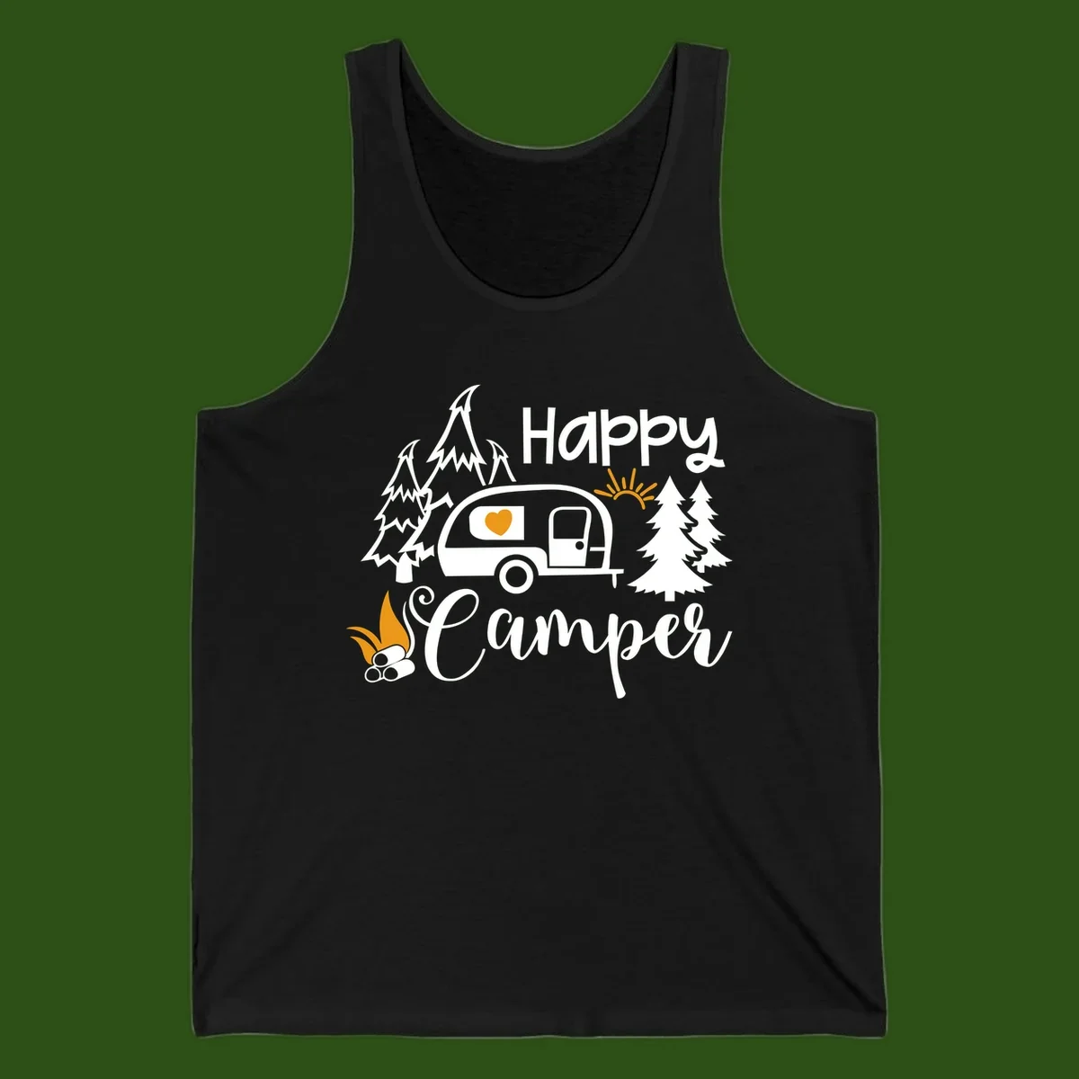 Happy Camper design featuring a retro travel trailer with heart window, surrounded by trees, campfire, and sun on gray background