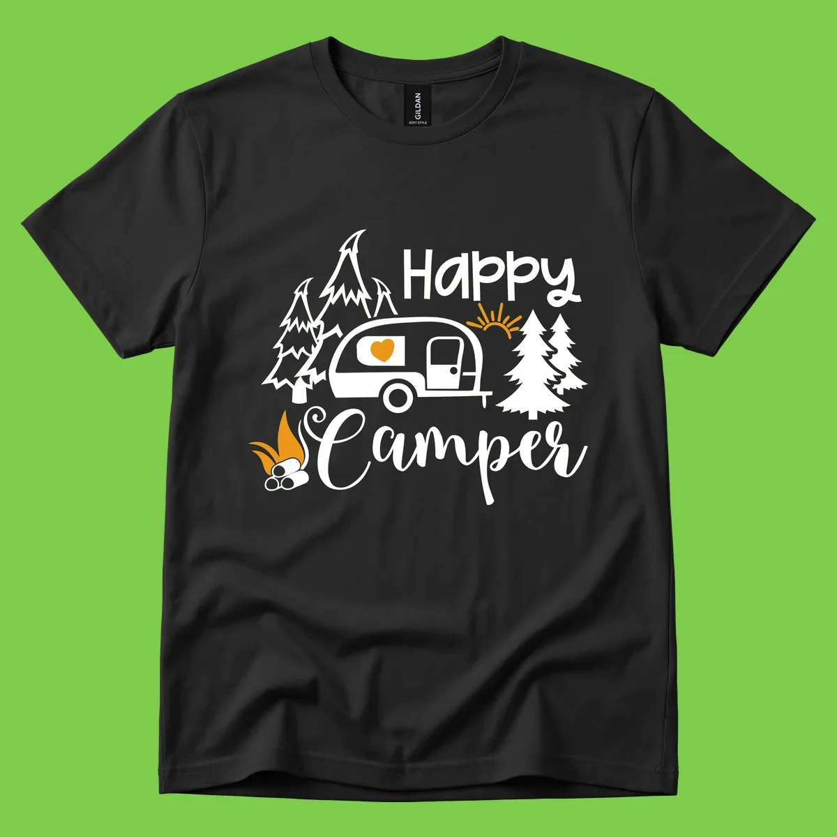 Happy Camper design featuring a retro travel trailer with heart window, surrounded by trees, campfire, and sun on gray background
