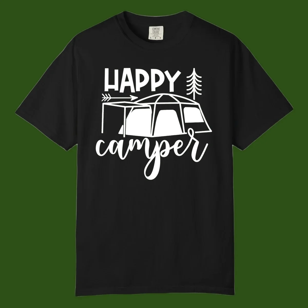 Happy Camper design with illustrated tent, evergreen trees, and arrow on gray background