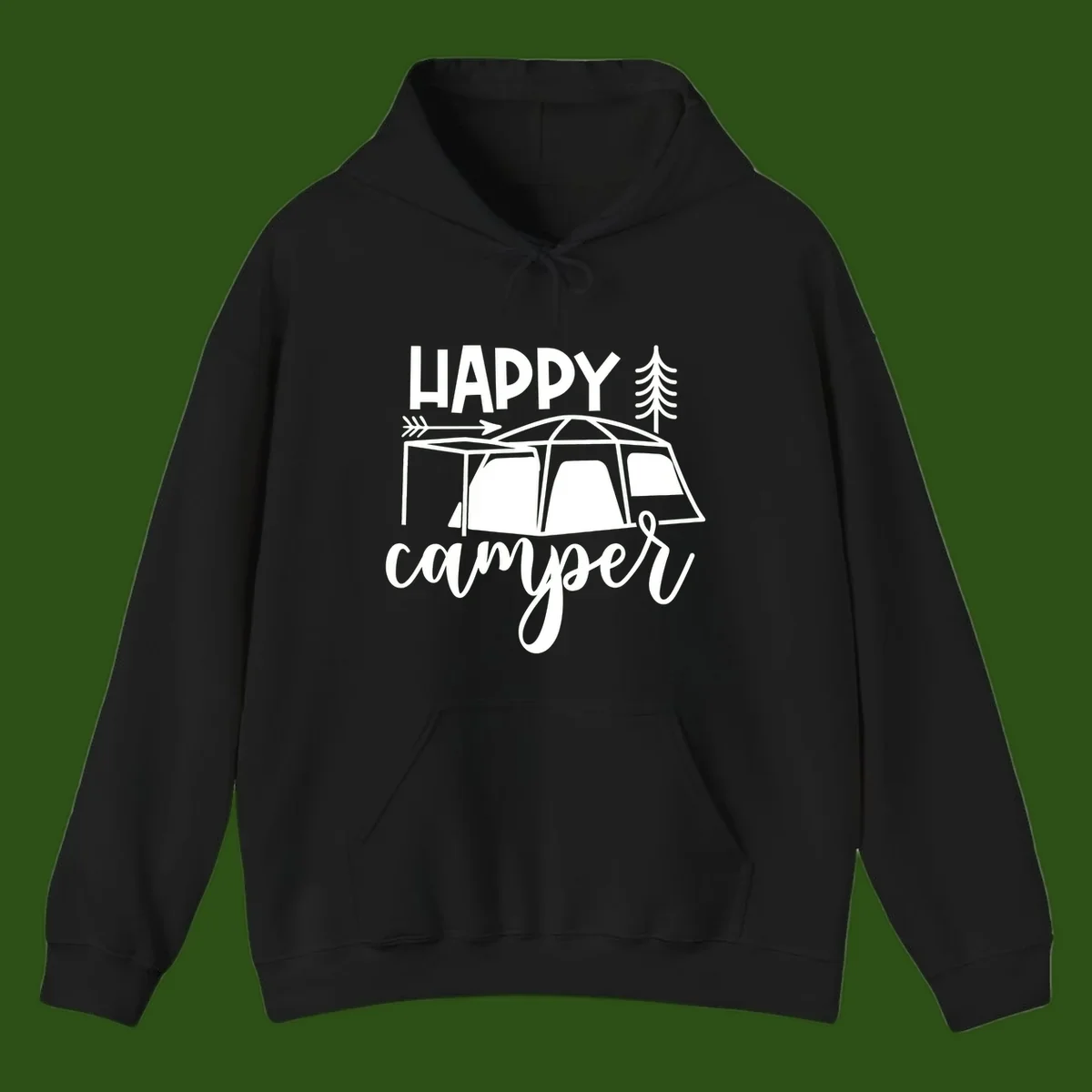 Happy Camper design with illustrated tent, evergreen trees, and arrow on gray background