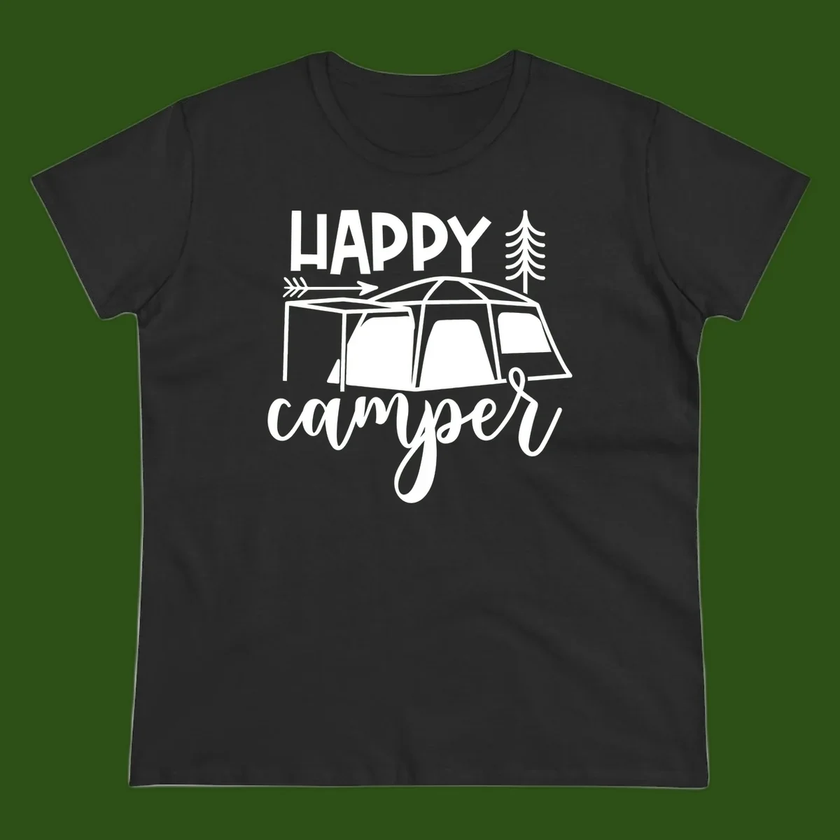Happy Camper design with illustrated tent, evergreen trees, and arrow on gray background
