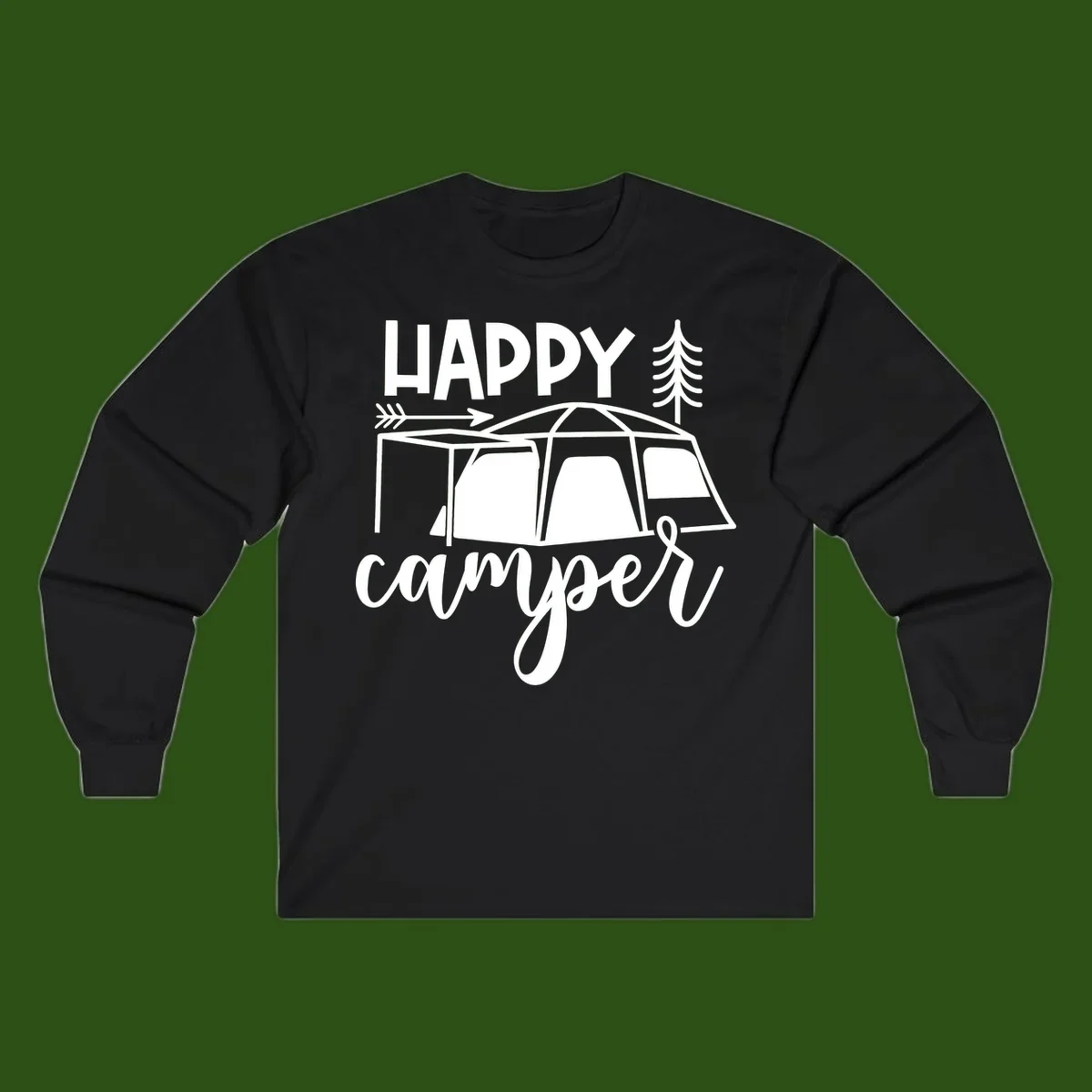 Happy Camper design with illustrated tent, evergreen trees, and arrow on gray background
