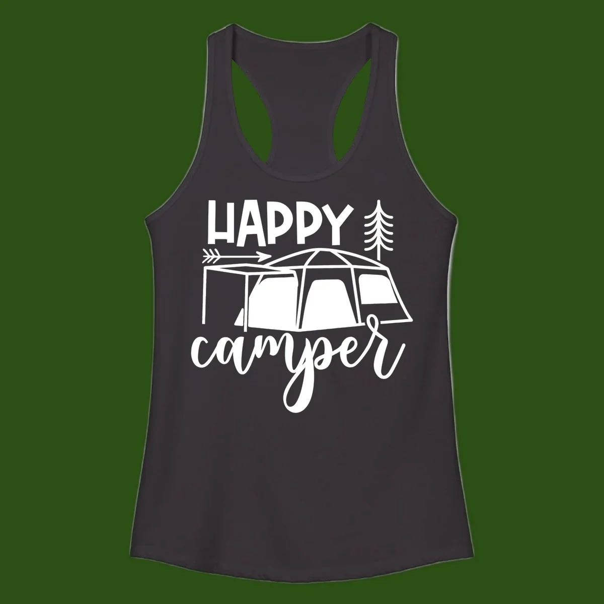 Happy Camper design with illustrated tent, evergreen trees, and arrow on gray background