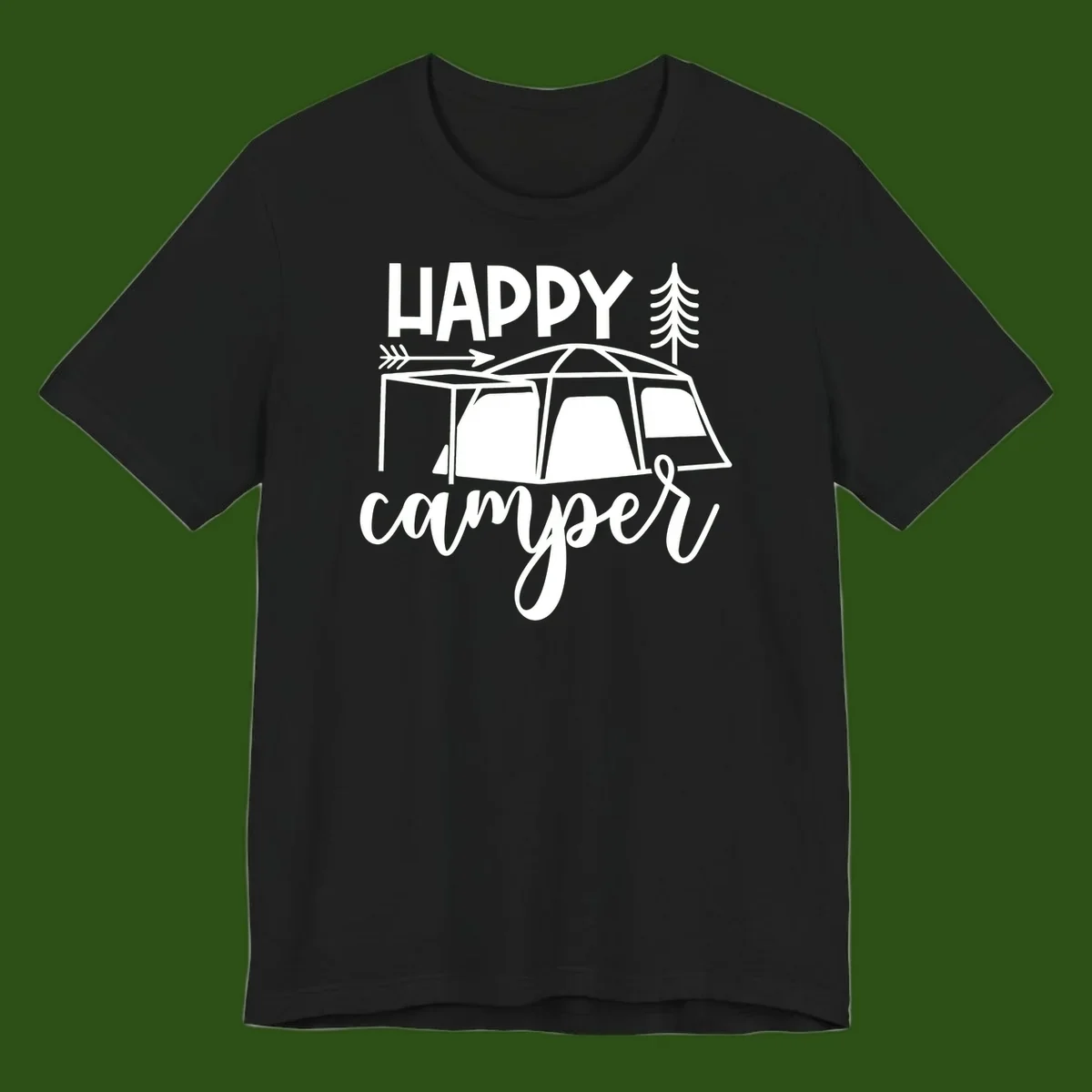 Happy Camper design with illustrated tent, evergreen trees, and arrow on gray background