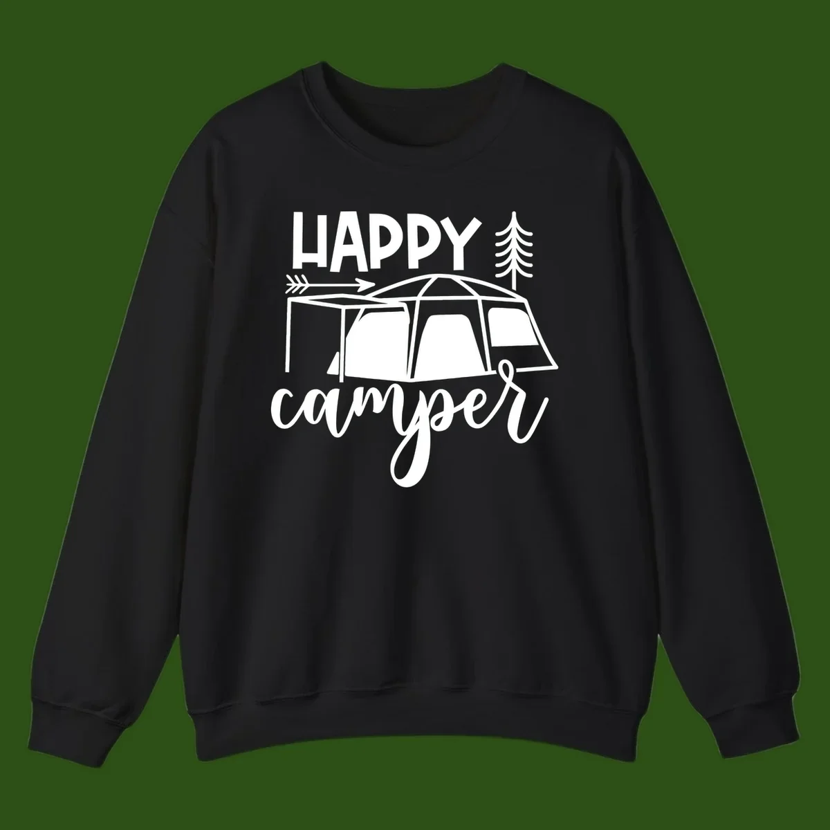 Happy Camper design with illustrated tent, evergreen trees, and arrow on gray background