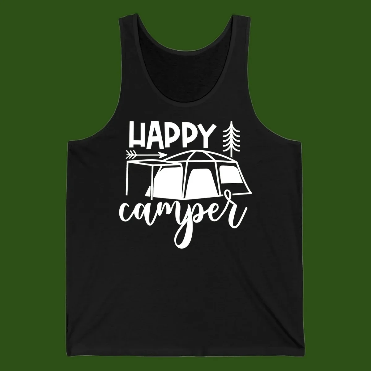 Happy Camper design with illustrated tent, evergreen trees, and arrow on gray background