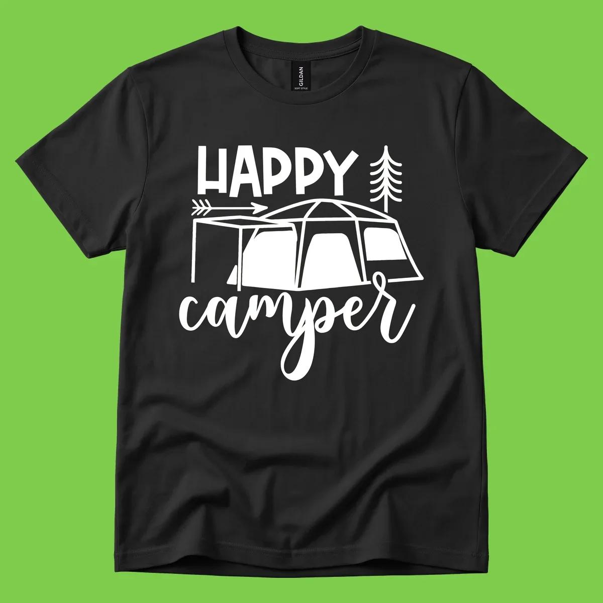 Happy Camper design with illustrated tent, evergreen trees, and arrow on gray background