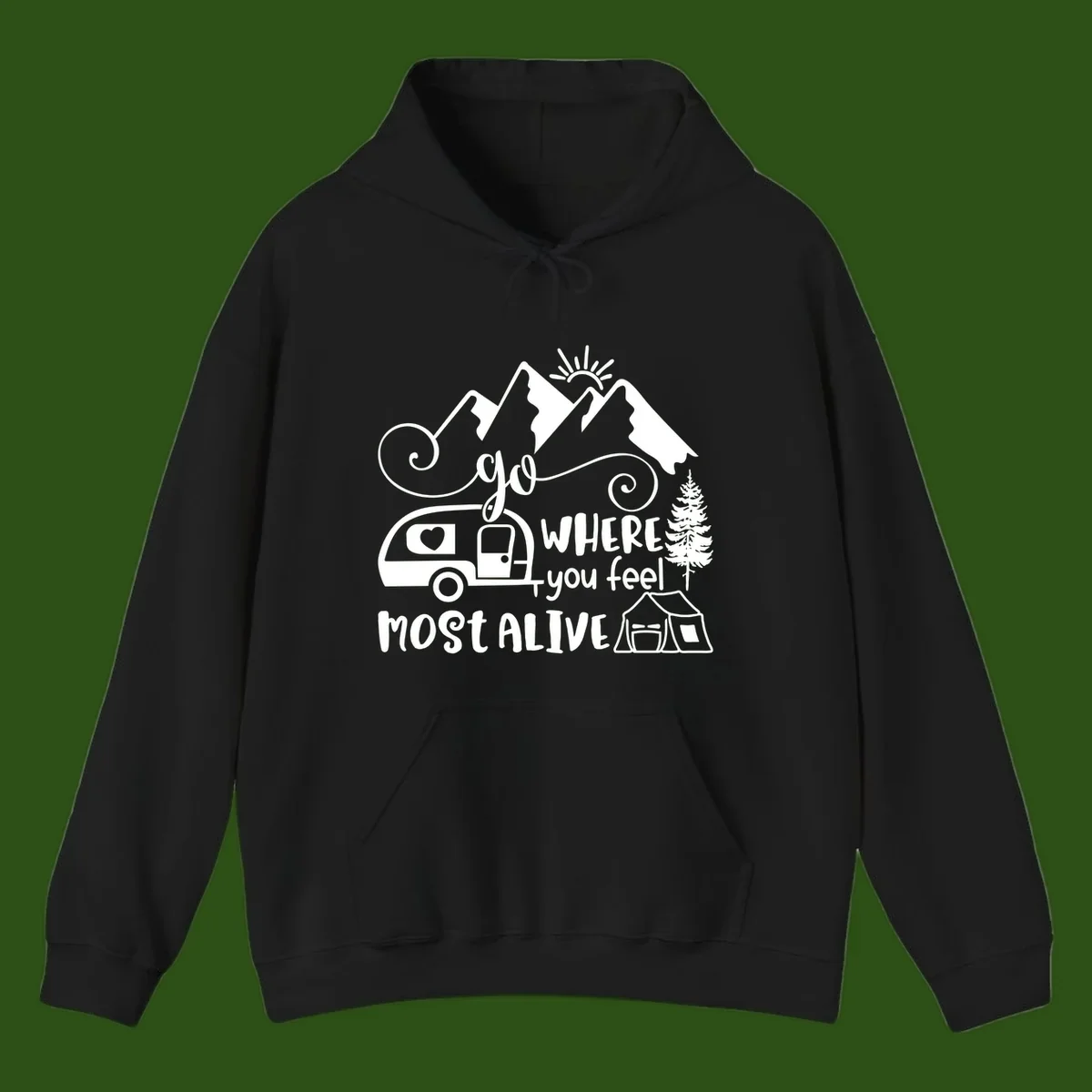 Line art design with mountains, camper van, tent and pine tree with text 'go where you feel most alive' celebrating nomadic camping lifestyle