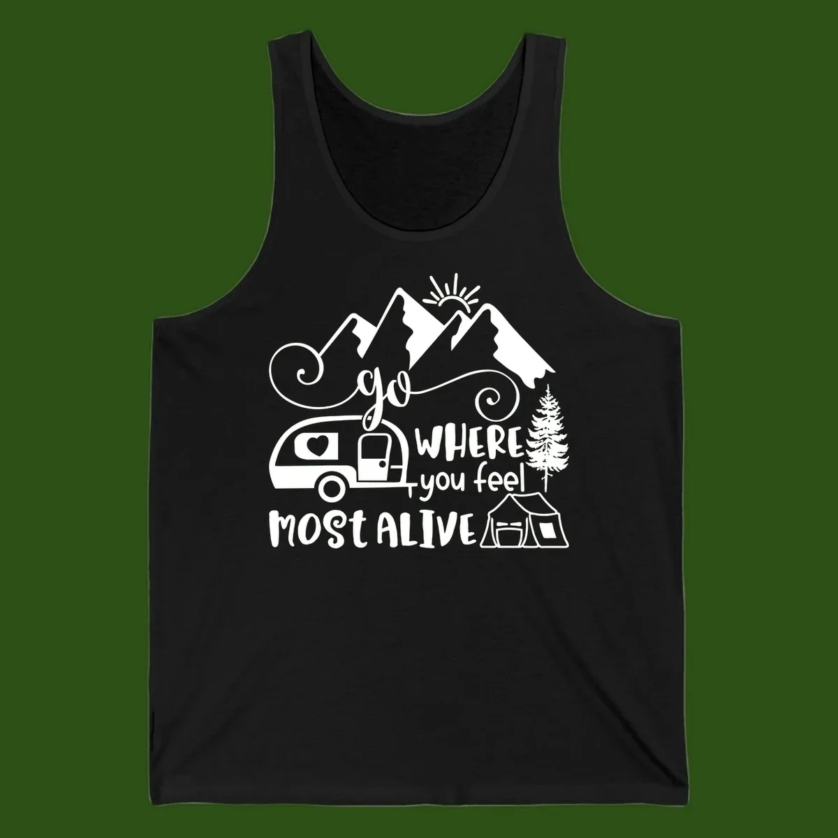 Line art design with mountains, camper van, tent and pine tree with text 'go where you feel most alive' celebrating nomadic camping lifestyle