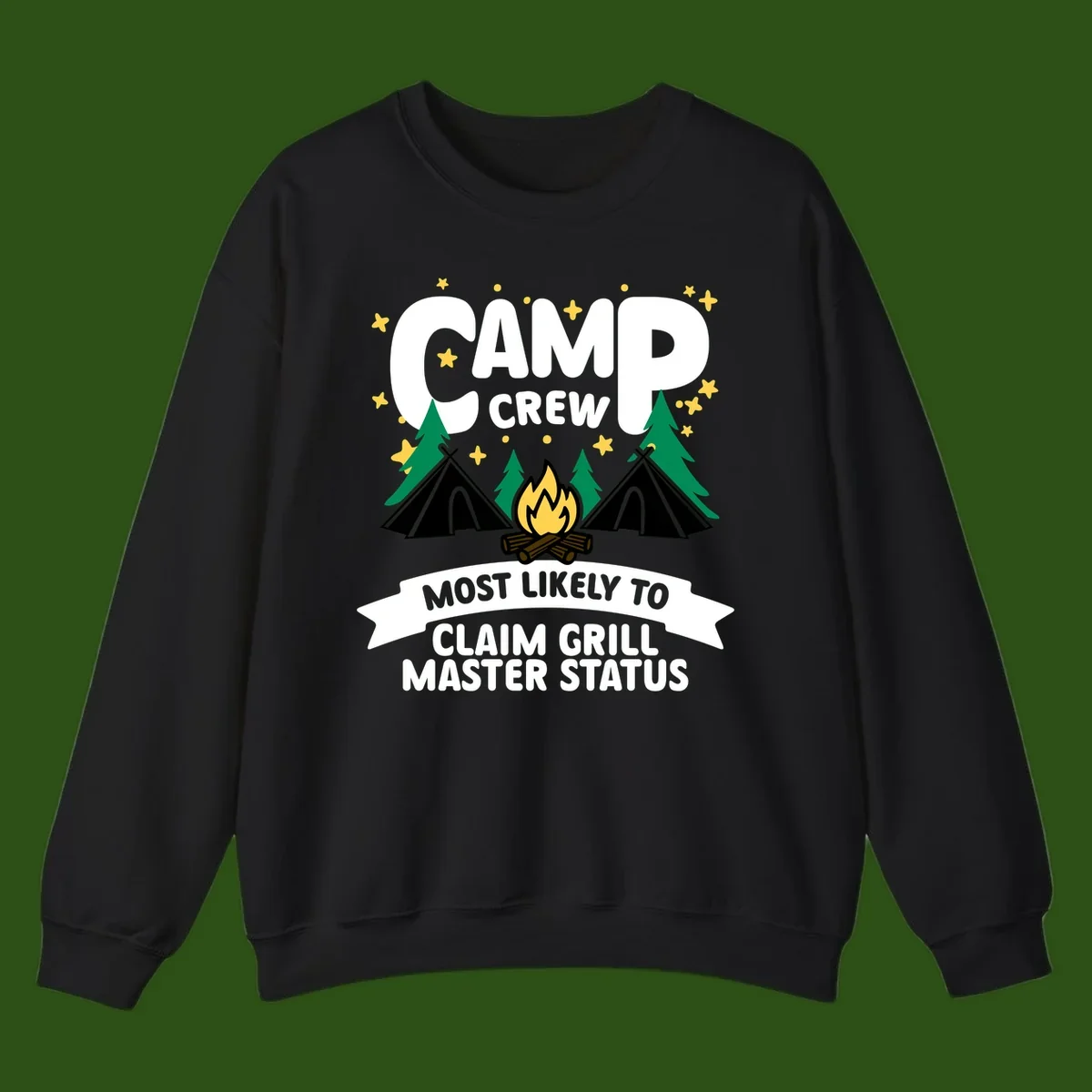 Camping design featuring 'Camp Crew' text with campfire, teepees, and trees, with banner reading 'Most Likely to Claim Grill Master Status'