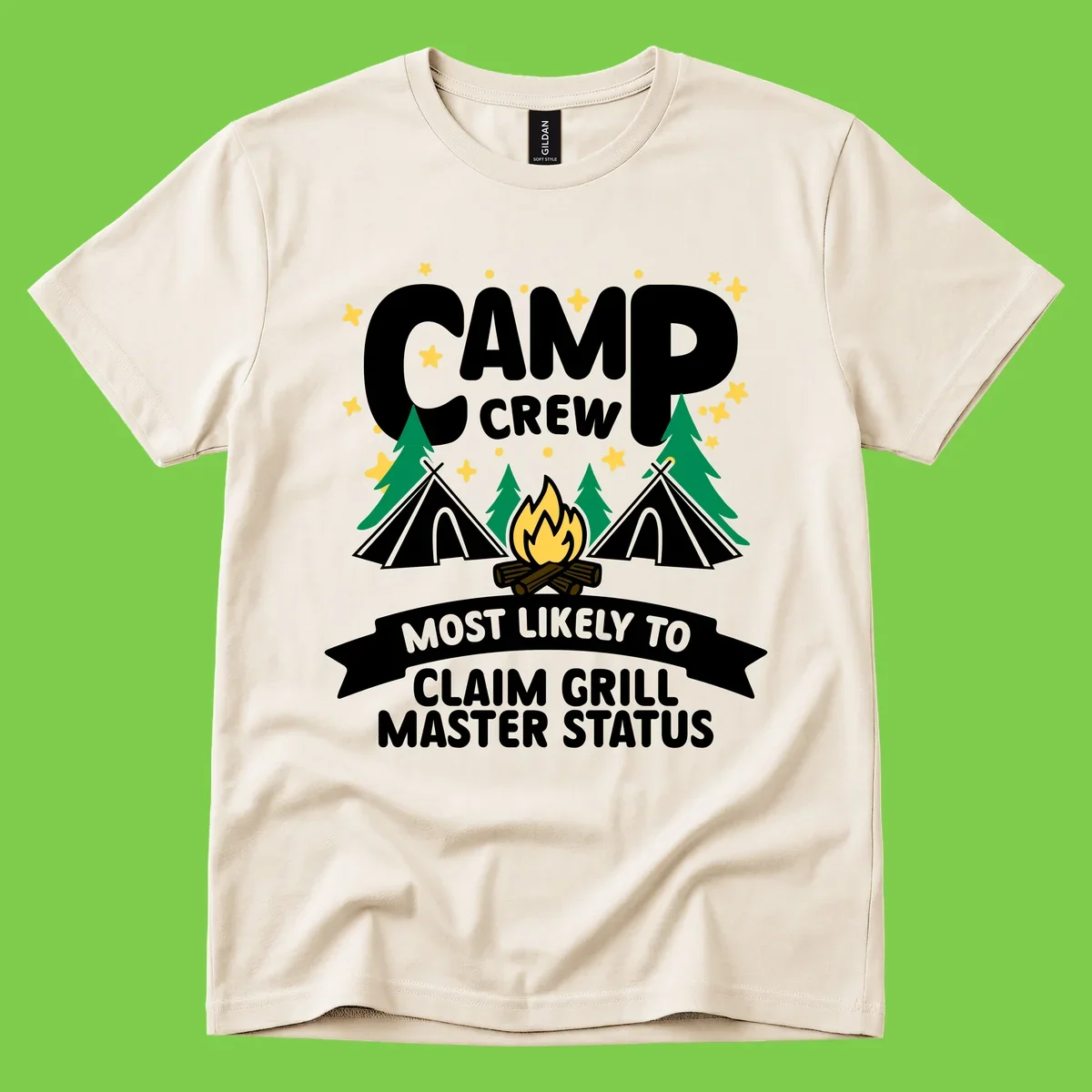 Camping design featuring 'Camp Crew' text with campfire, teepees, and trees, with banner reading 'Most Likely to Claim Grill Master Status'