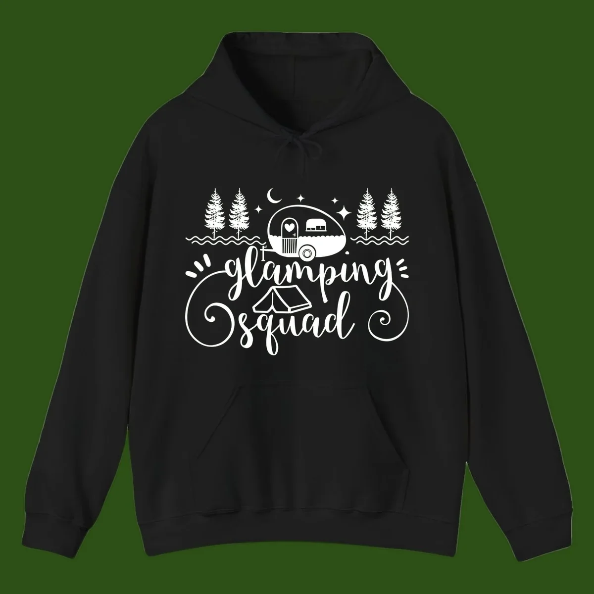 Glamping squad goals design featuring airstream trailer, tent, pine trees, moon and stars with elegant script lettering