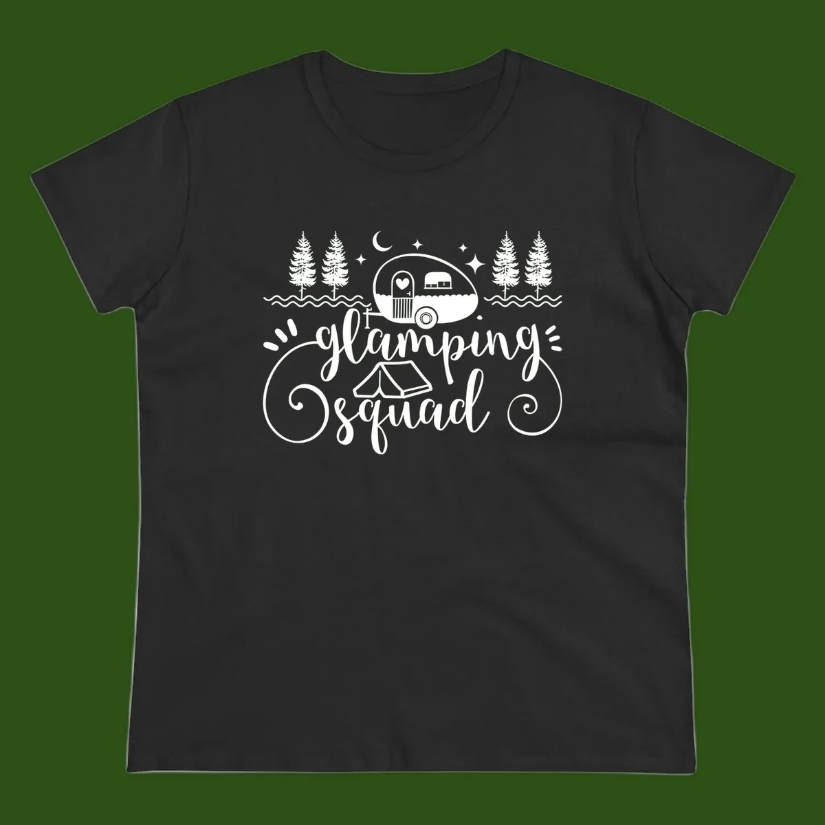Glamping squad goals design featuring airstream trailer, tent, pine trees, moon and stars with elegant script lettering