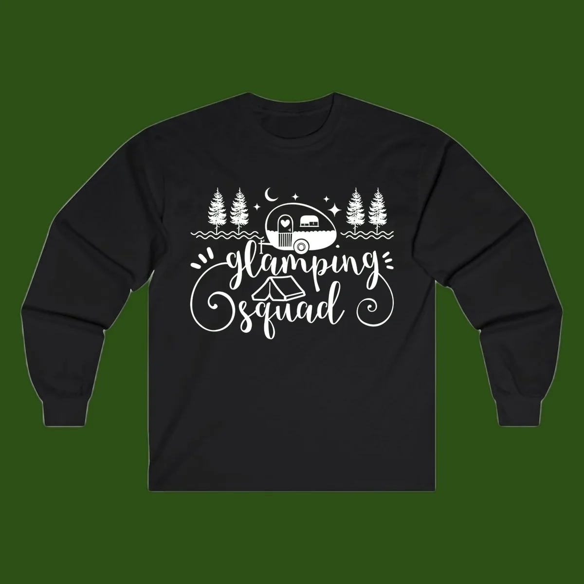 Glamping squad goals design featuring airstream trailer, tent, pine trees, moon and stars with elegant script lettering