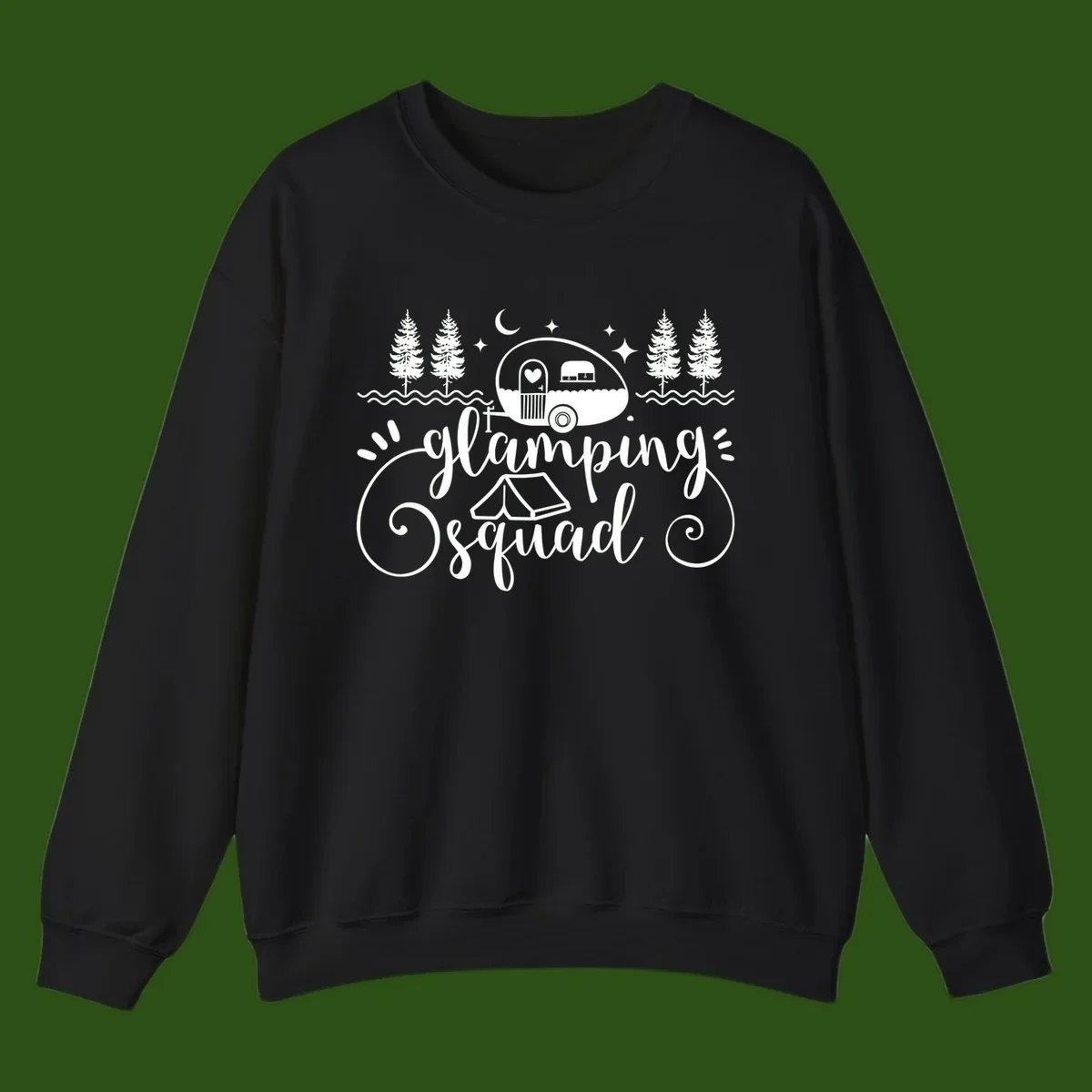 Glamping squad goals design featuring airstream trailer, tent, pine trees, moon and stars with elegant script lettering