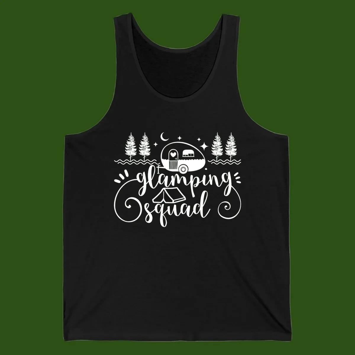 Glamping squad goals design featuring airstream trailer, tent, pine trees, moon and stars with elegant script lettering