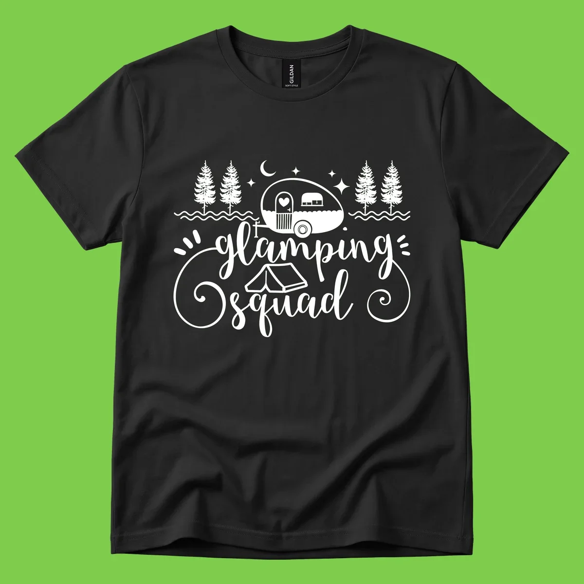 Glamping squad goals design featuring airstream trailer, tent, pine trees, moon and stars with elegant script lettering