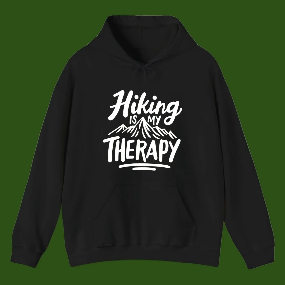 White text reading 'Hiking is MY THERAPY' with illustrated mountain range, on gray background