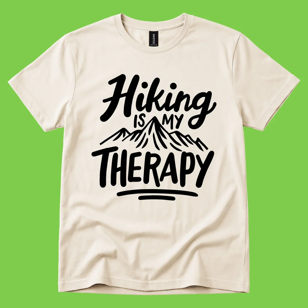 White text reading 'Hiking is MY THERAPY' with illustrated mountain range, on gray background
