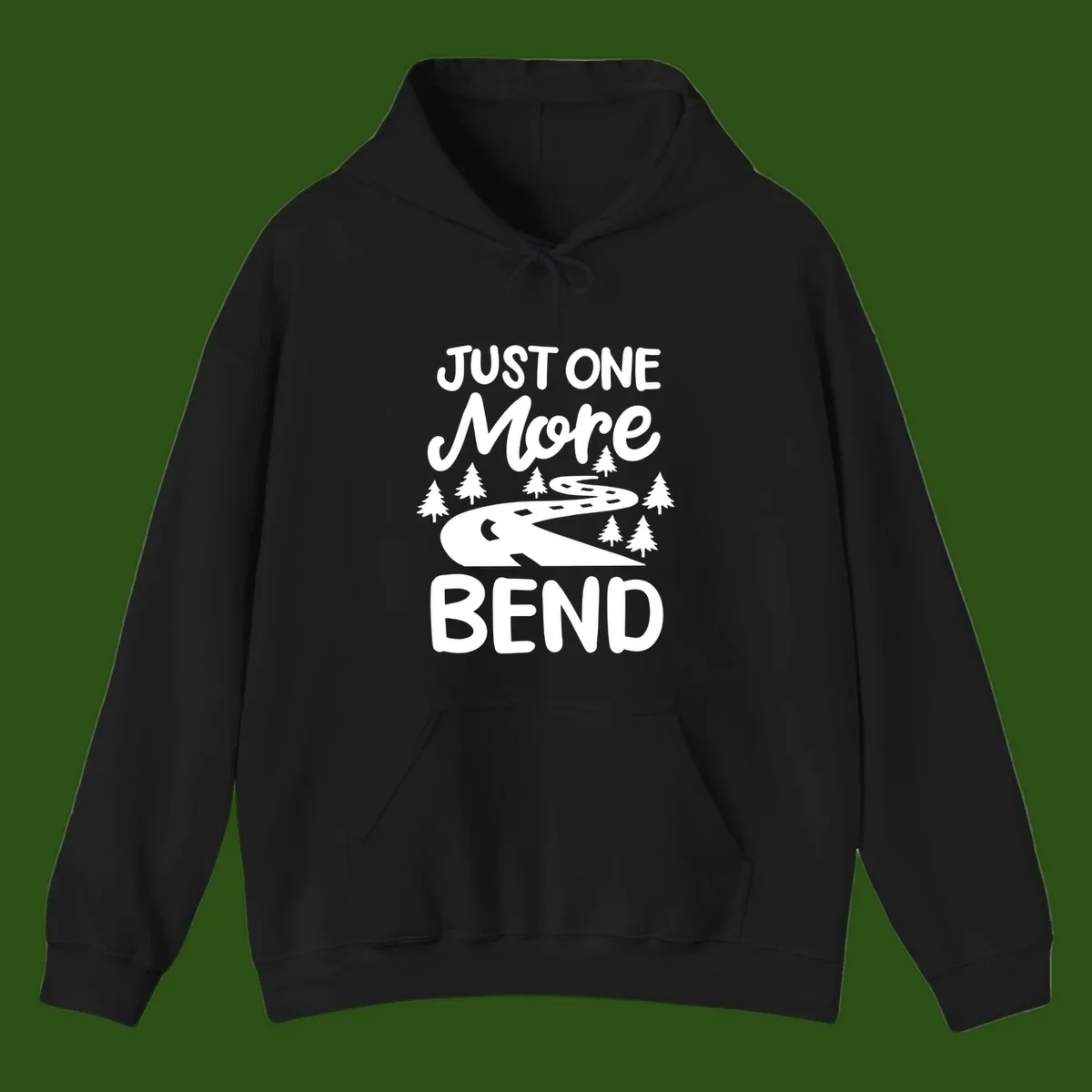 White design on gray background showing a winding road through evergreen trees with cursive text reading 'Just One More Bend'