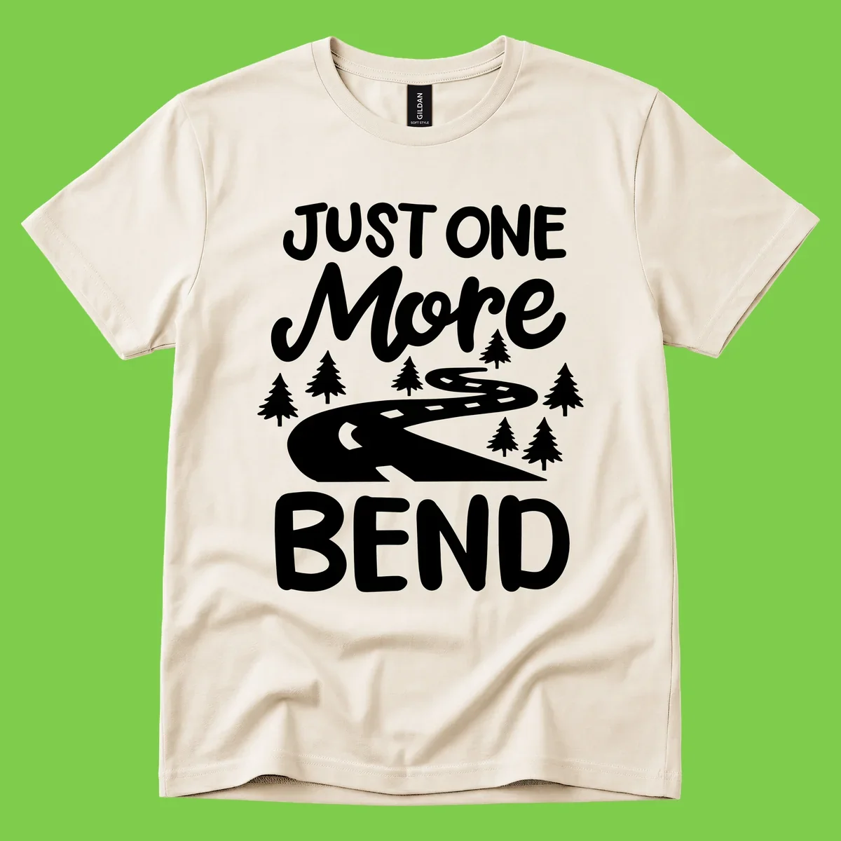 White design on gray background showing a winding road through evergreen trees with cursive text reading 'Just One More Bend'