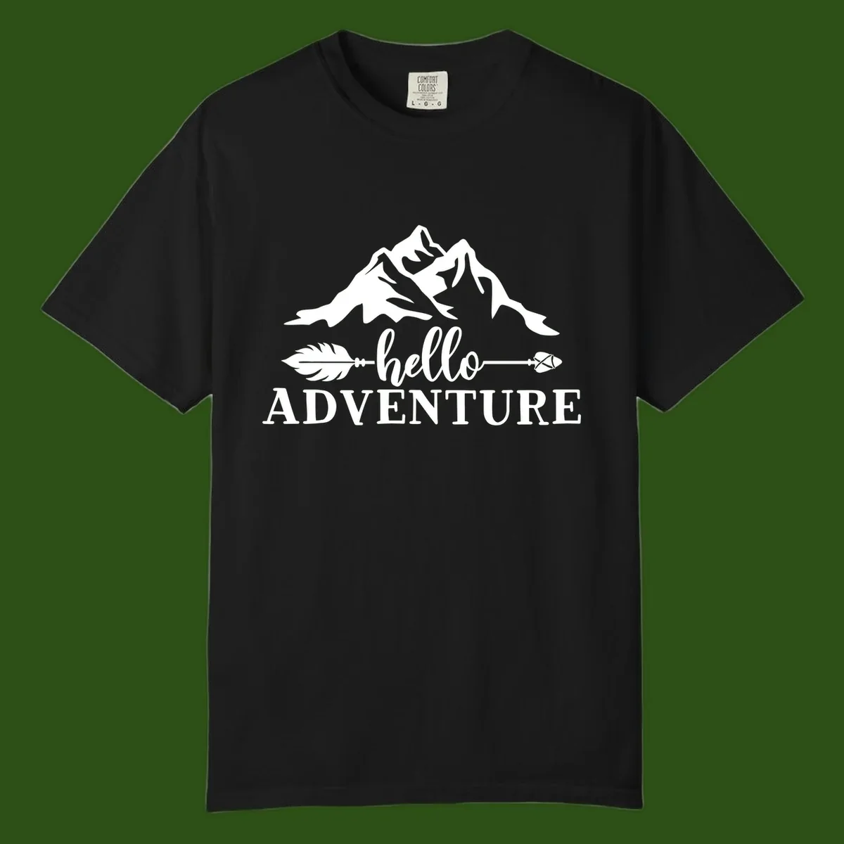 White minimalist design with snow-capped mountains, feather arrows, and hello adventure text on gray background