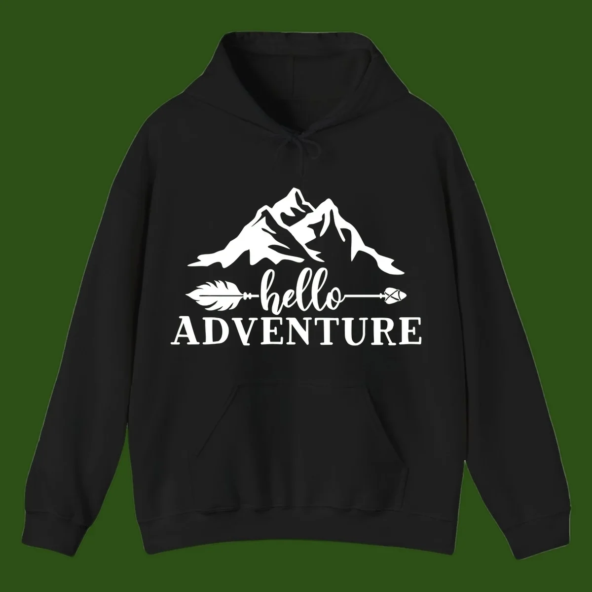 White minimalist design with snow-capped mountains, feather arrows, and hello adventure text on gray background