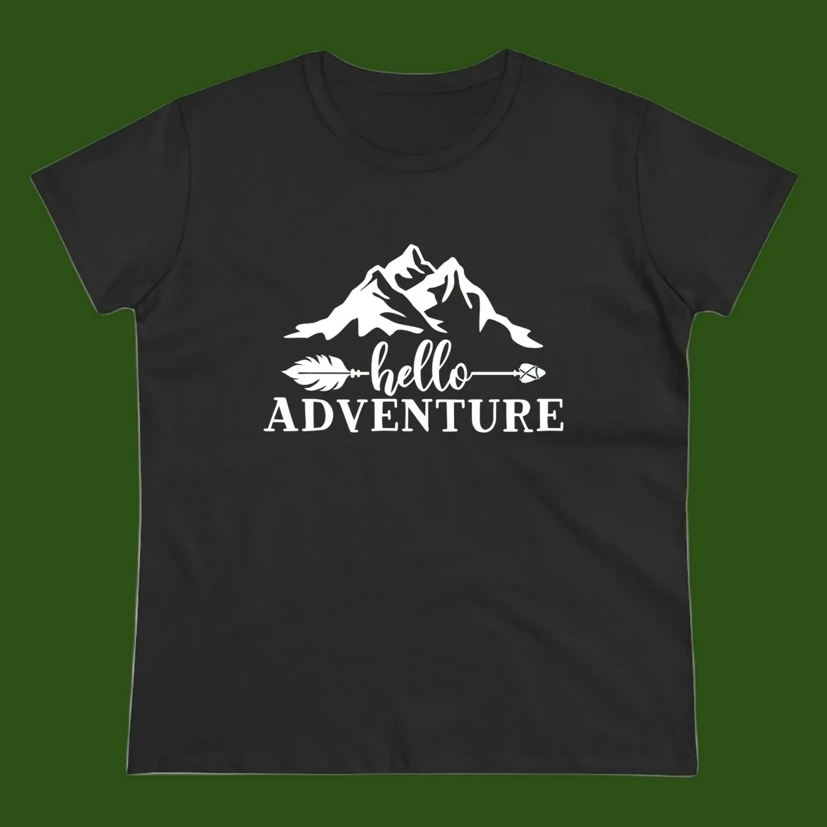 White minimalist design with snow-capped mountains, feather arrows, and hello adventure text on gray background