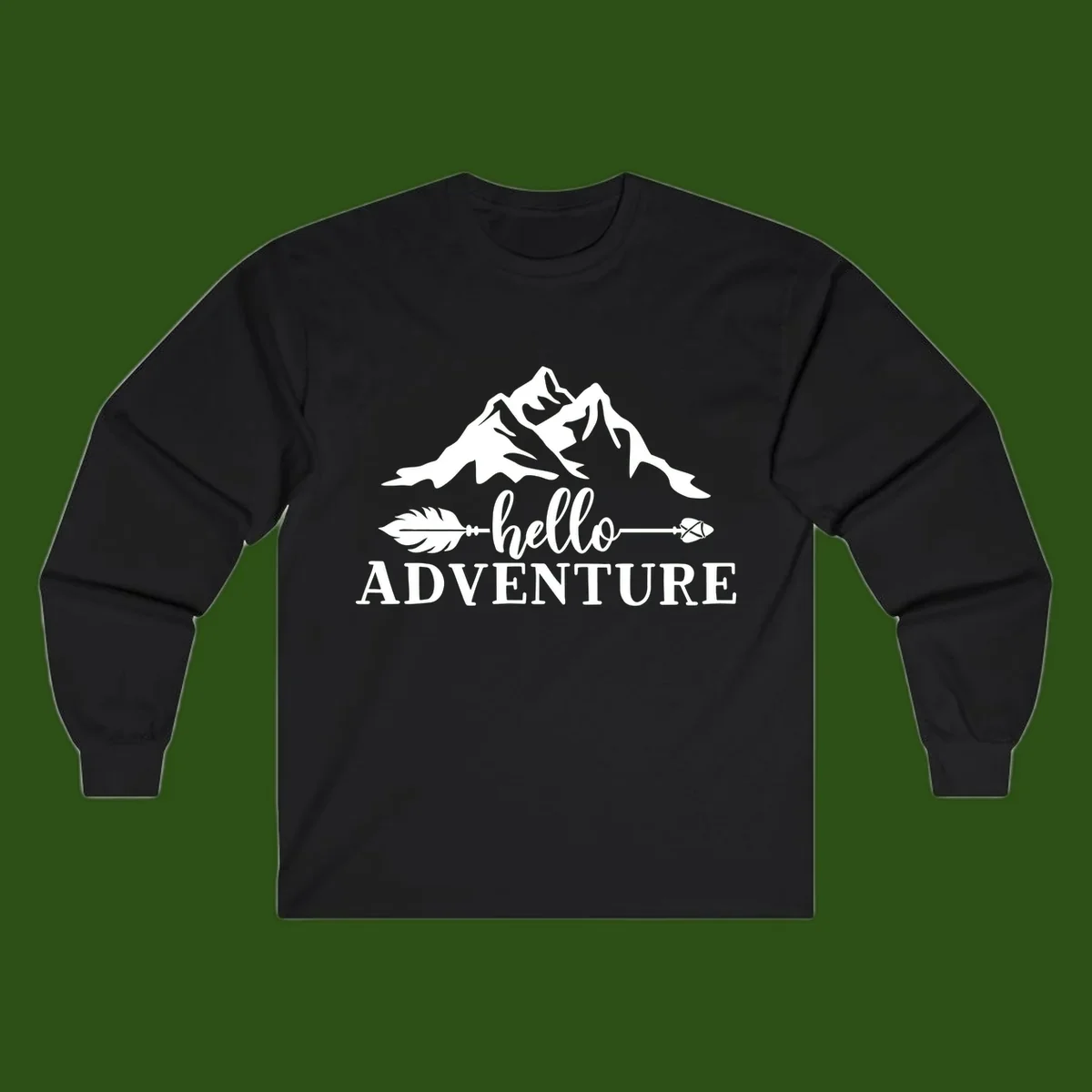 White minimalist design with snow-capped mountains, feather arrows, and hello adventure text on gray background