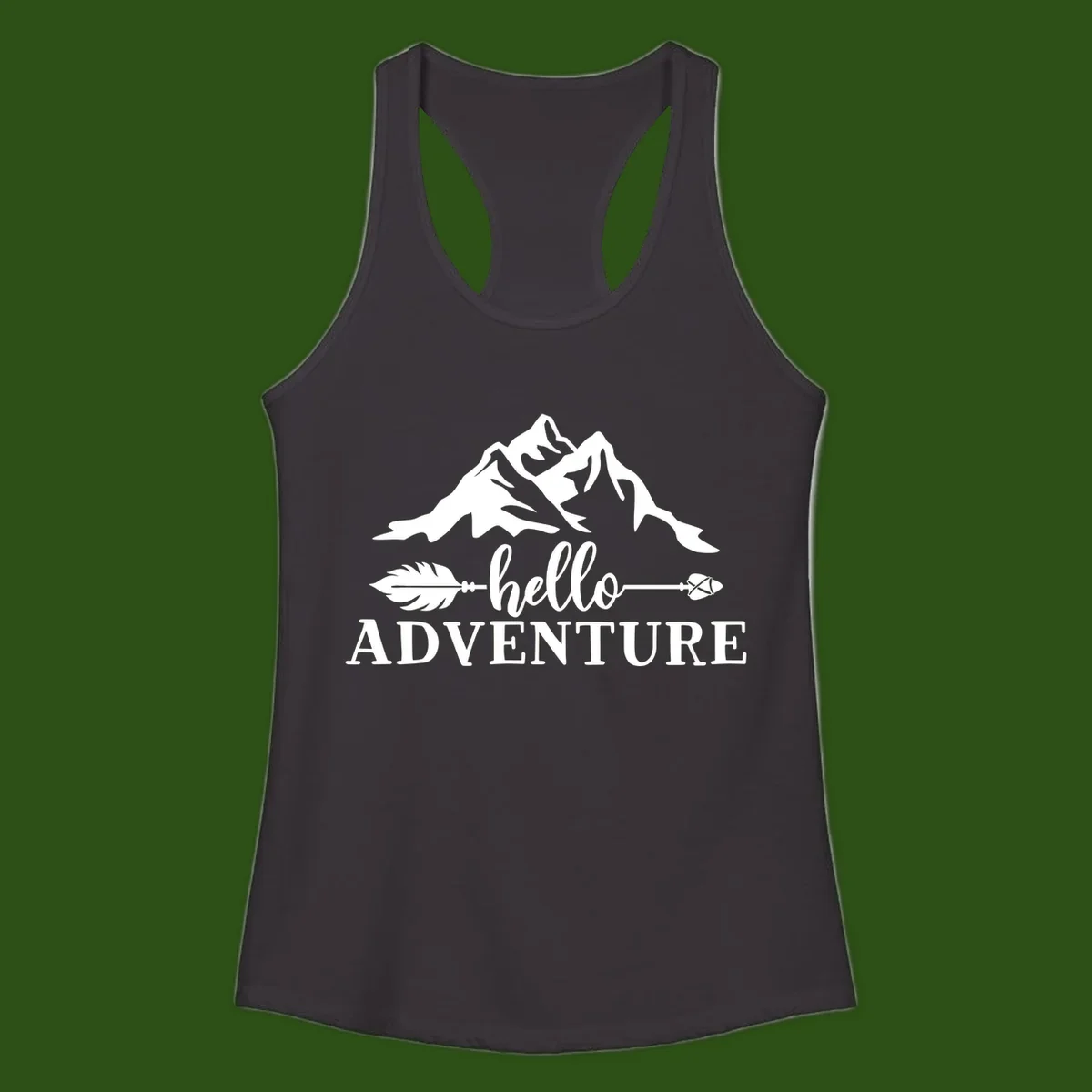 White minimalist design with snow-capped mountains, feather arrows, and hello adventure text on gray background