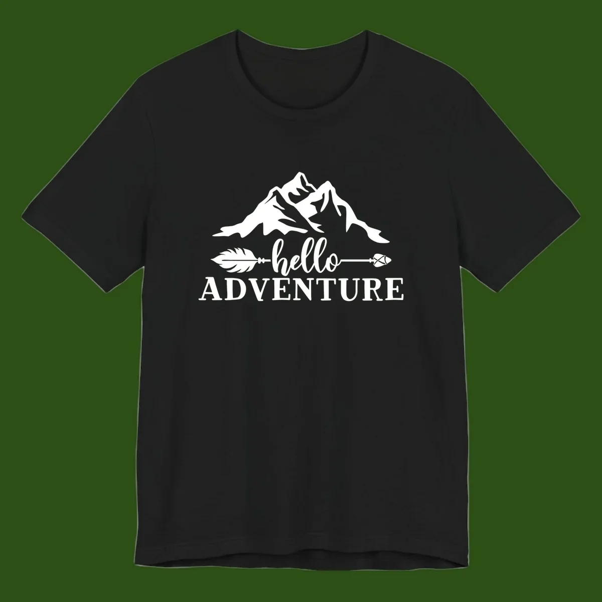 White minimalist design with snow-capped mountains, feather arrows, and hello adventure text on gray background