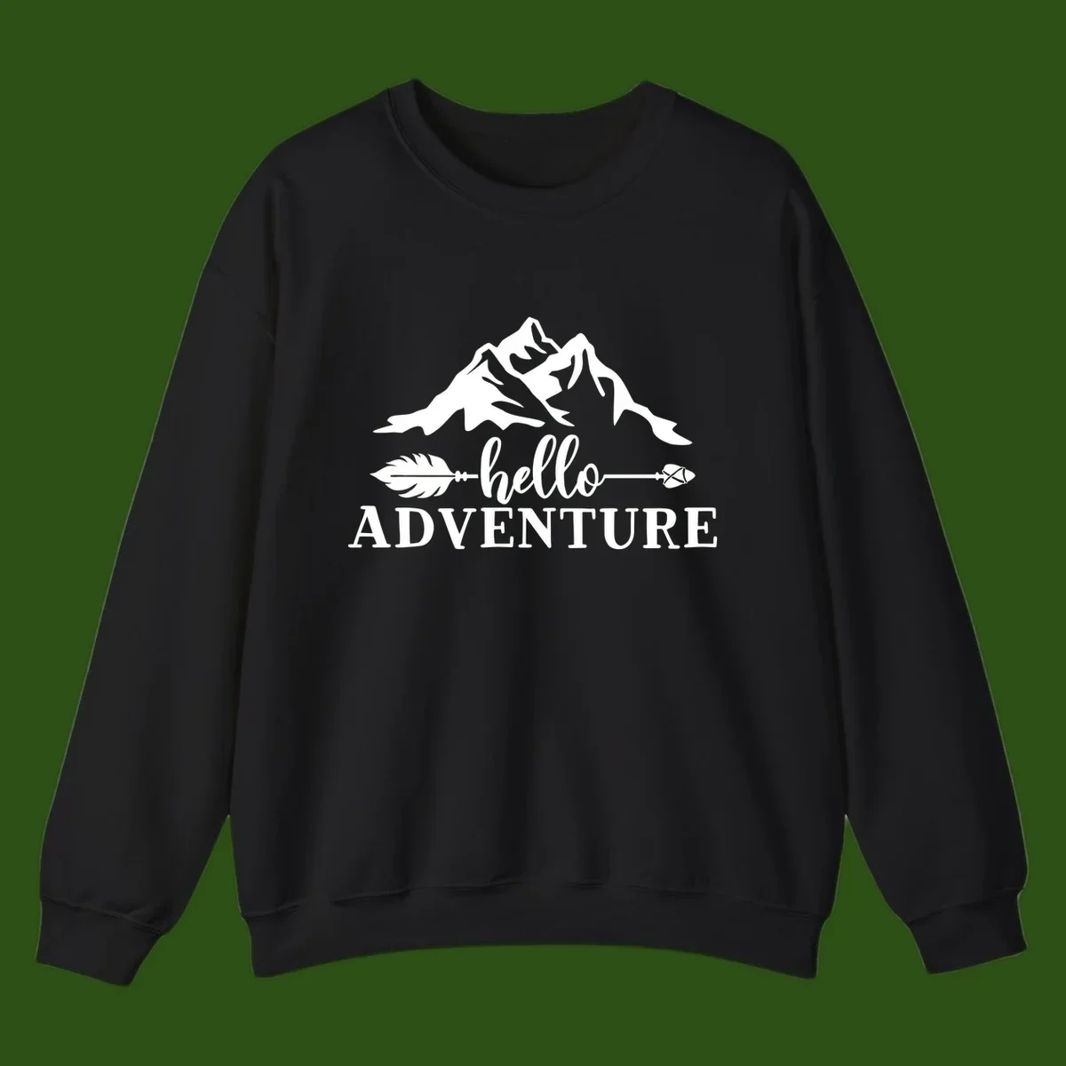 White minimalist design with snow-capped mountains, feather arrows, and hello adventure text on gray background
