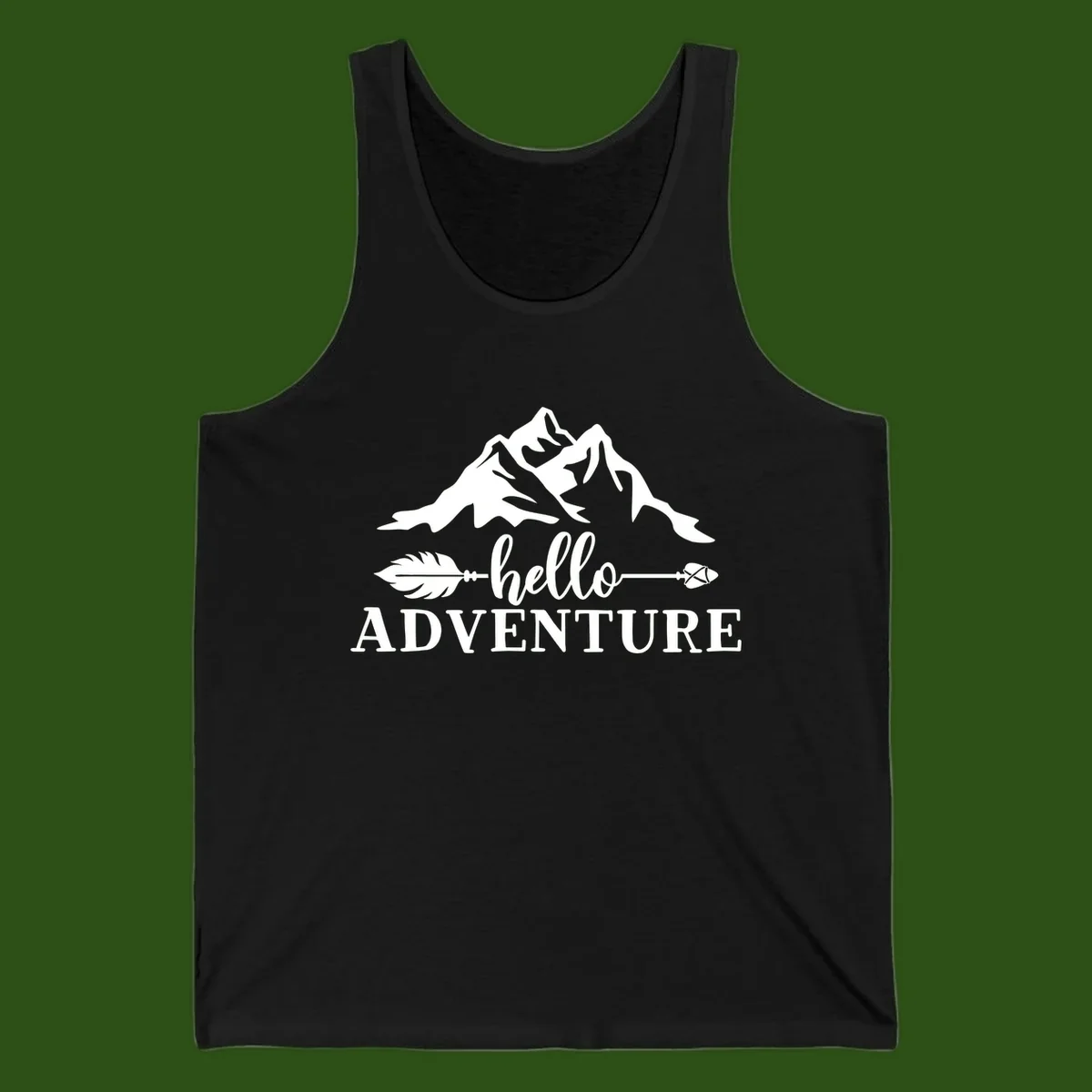 White minimalist design with snow-capped mountains, feather arrows, and hello adventure text on gray background