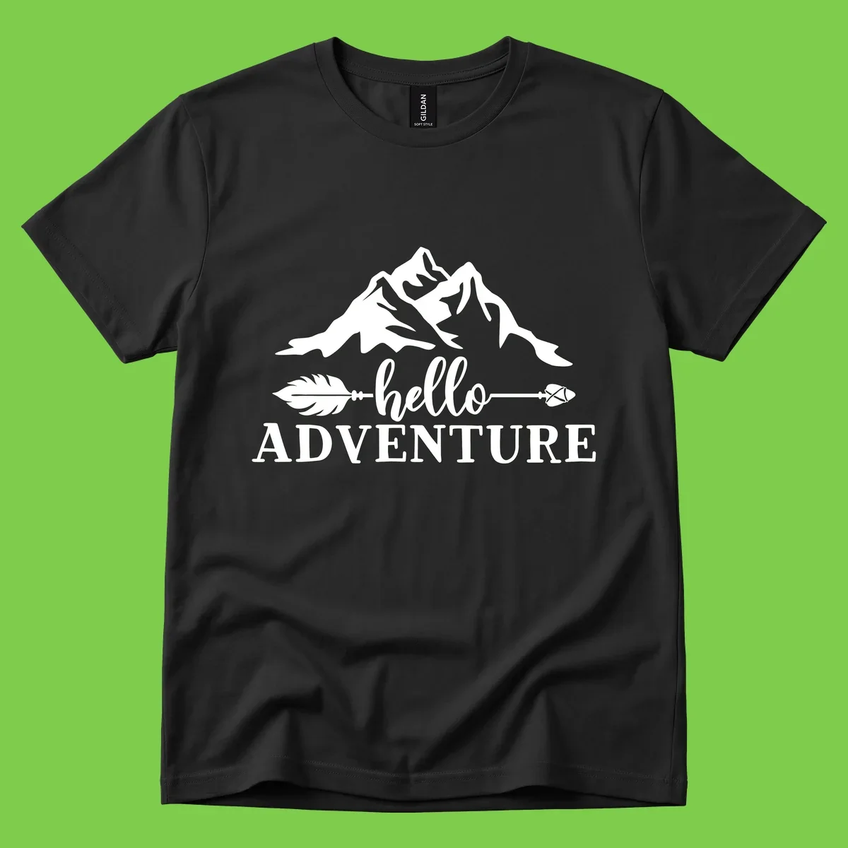 White minimalist design with snow-capped mountains, feather arrows, and hello adventure text on gray background