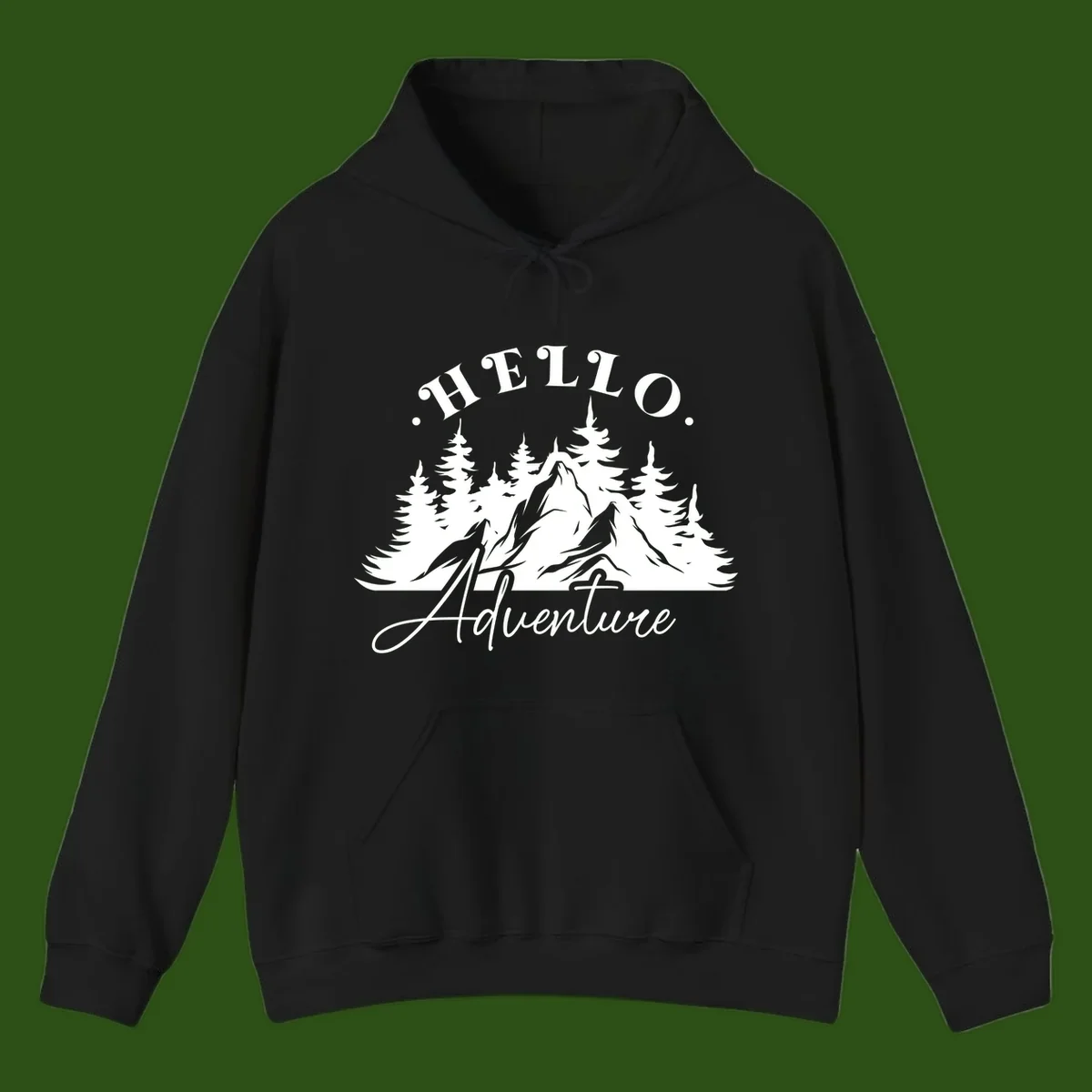 Hello adventure mountain design featuring snow-capped peak and evergreen forest silhouette in white and gray