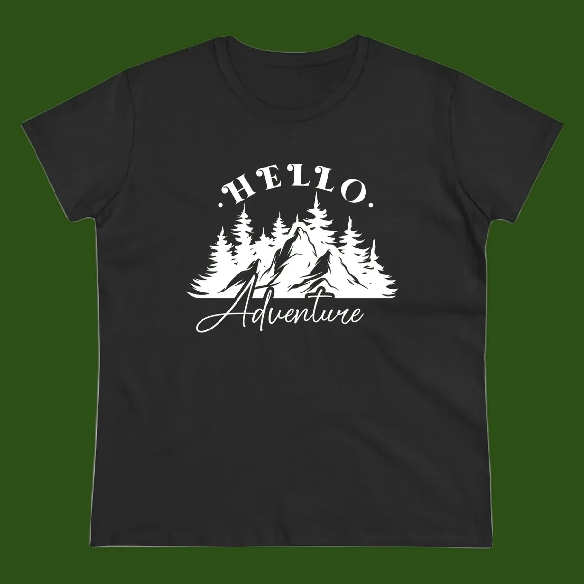 Hello adventure mountain design featuring snow-capped peak and evergreen forest silhouette in white and gray