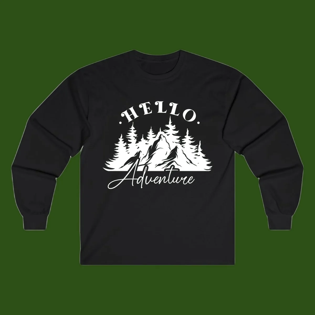 Hello adventure mountain design featuring snow-capped peak and evergreen forest silhouette in white and gray