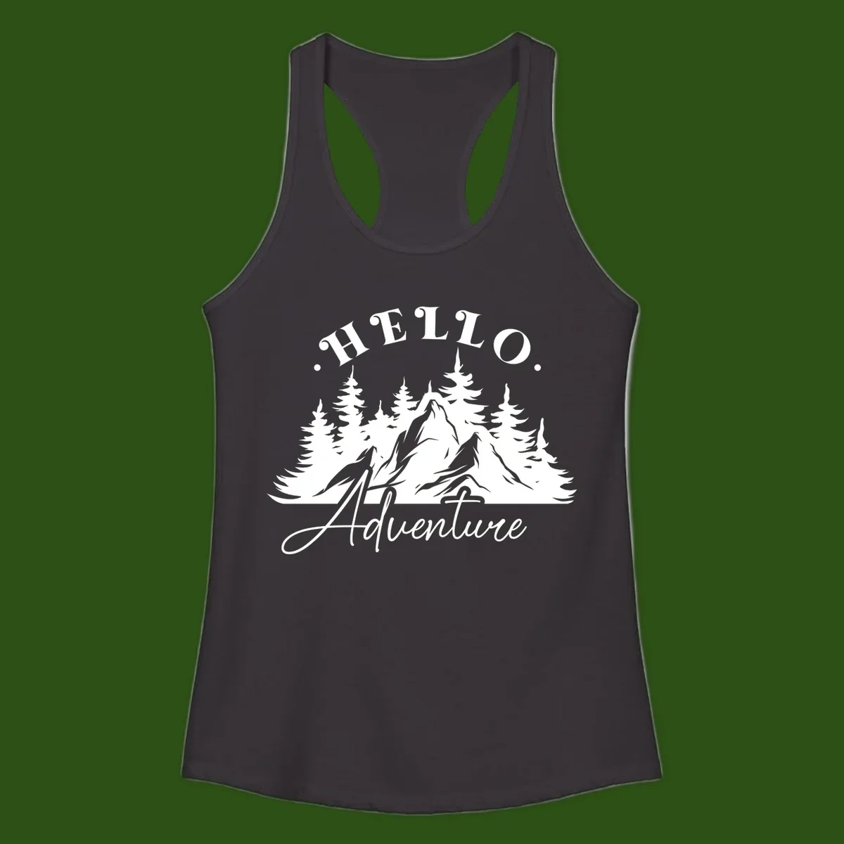 Hello adventure mountain design featuring snow-capped peak and evergreen forest silhouette in white and gray