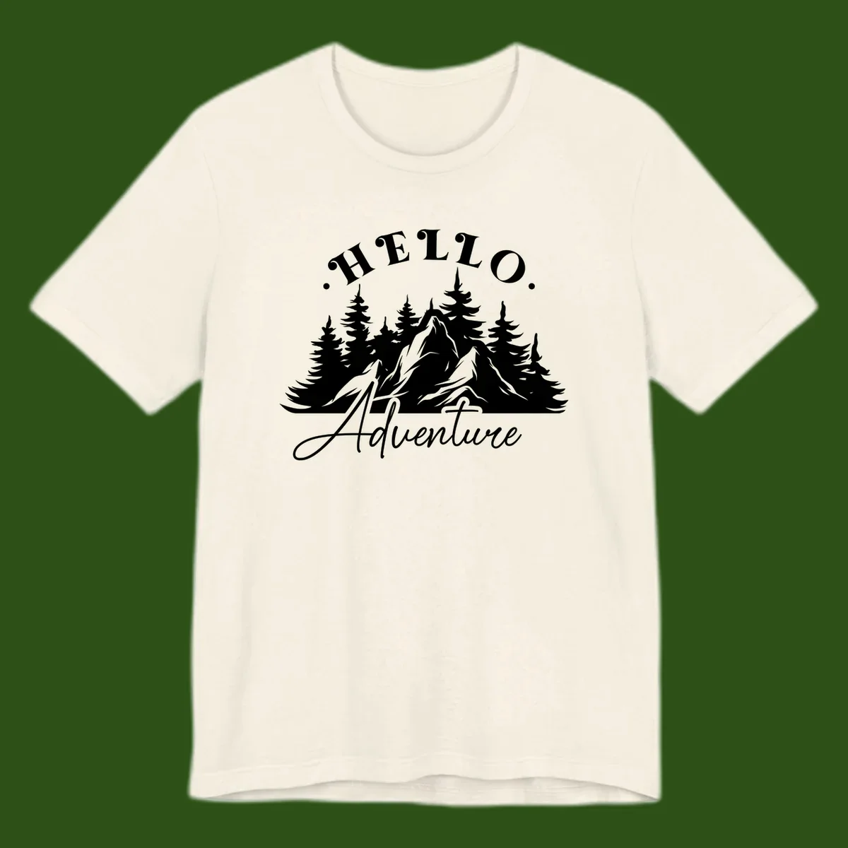 Hello adventure mountain design featuring snow-capped peak and evergreen forest silhouette in white and gray
