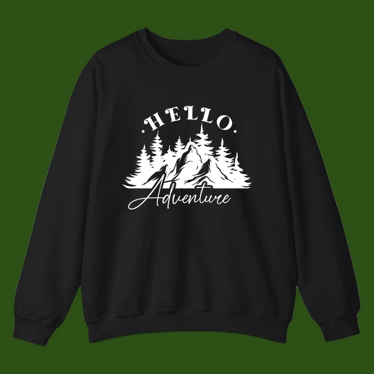 Hello adventure mountain design featuring snow-capped peak and evergreen forest silhouette in white and gray