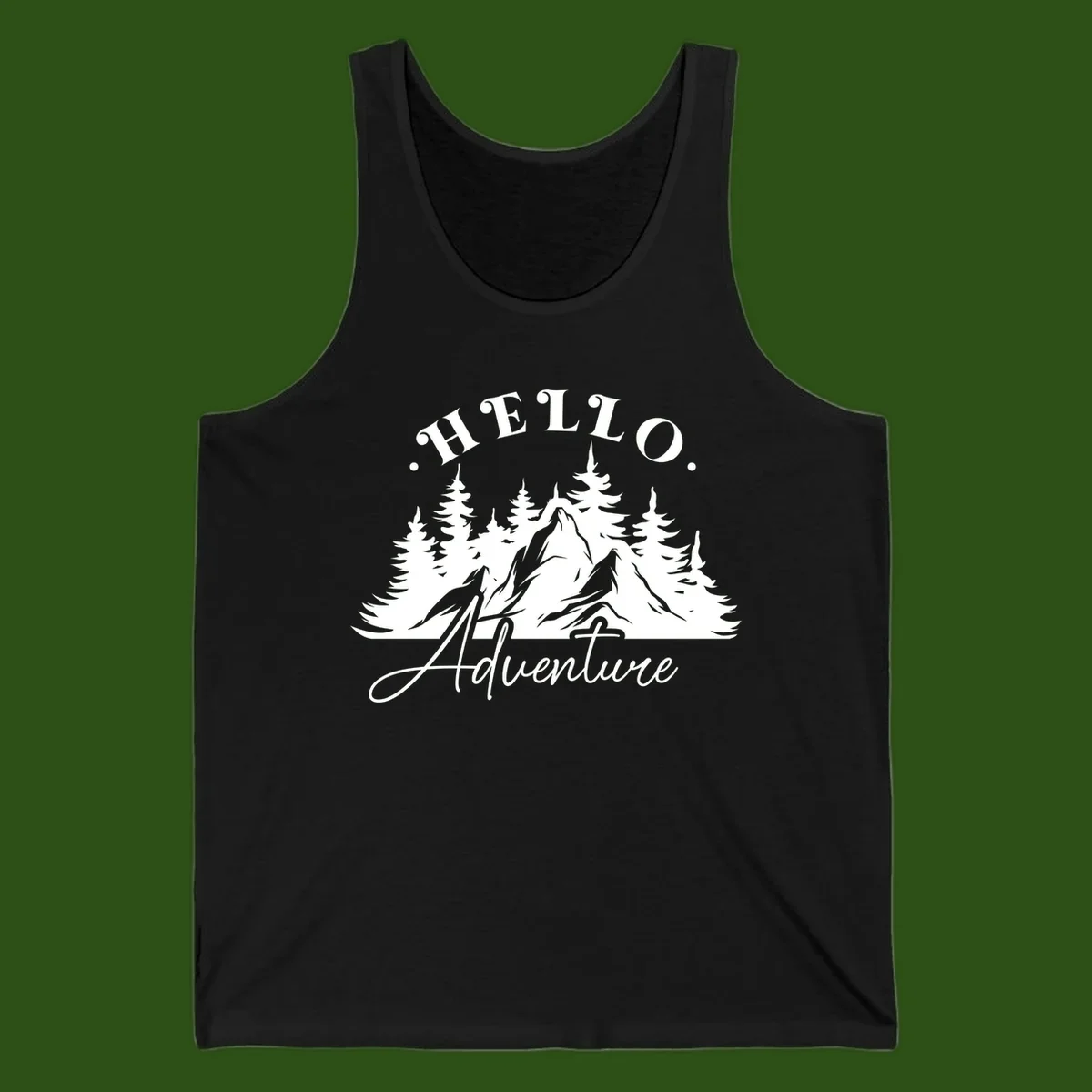 Hello adventure mountain design featuring snow-capped peak and evergreen forest silhouette in white and gray