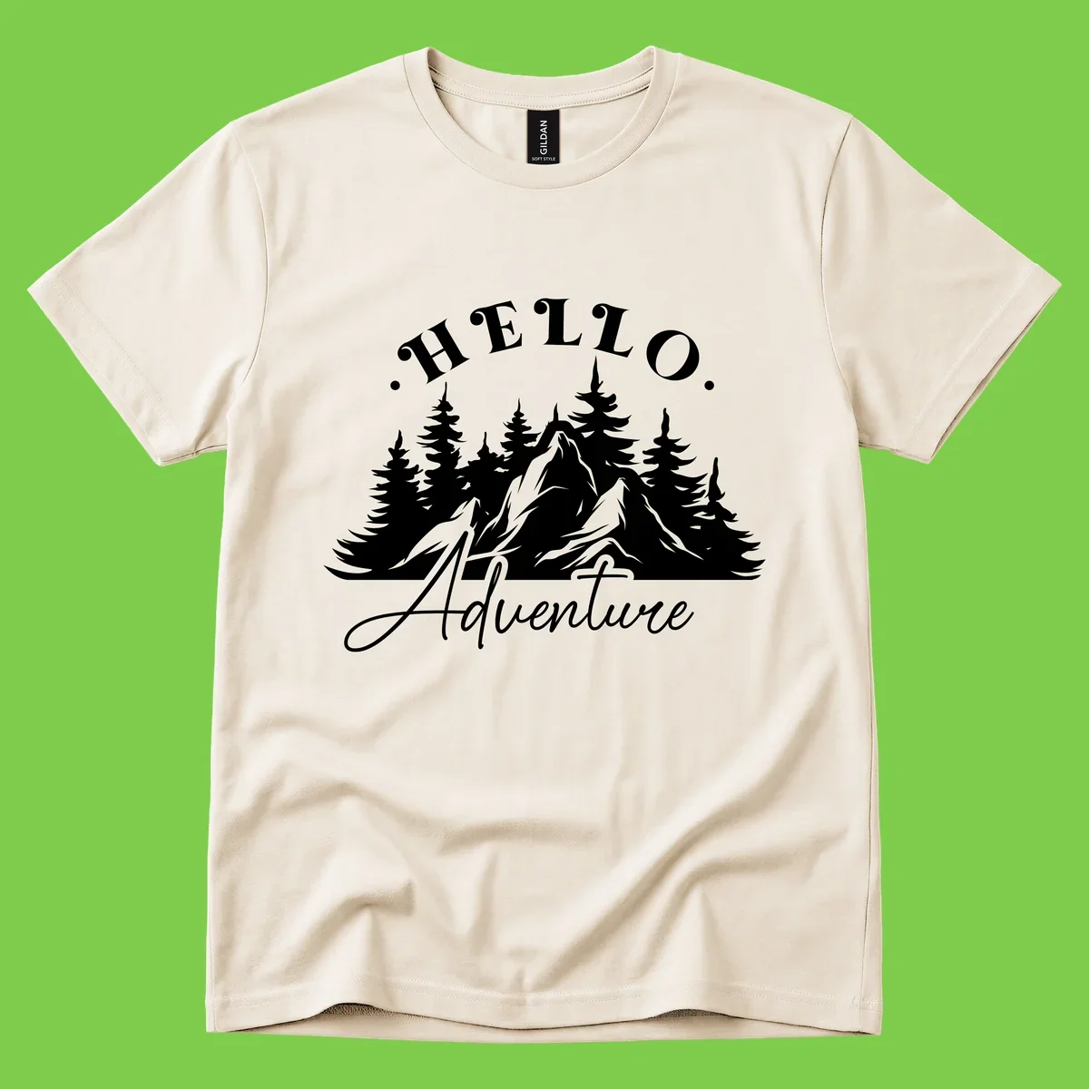 Hello adventure mountain design featuring snow-capped peak and evergreen forest silhouette in white and gray