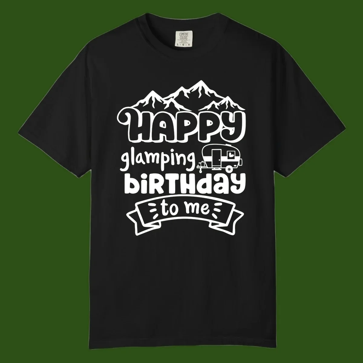Happy glamping birthday design with snow mountains, vintage trailer, and bold retro lettering celebrating a birthday camping adventure