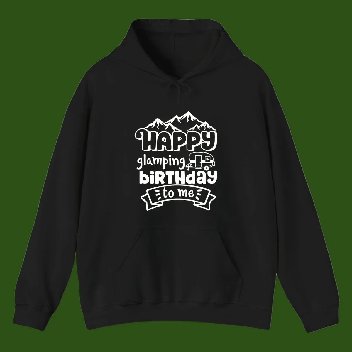 Happy glamping birthday design with snow mountains, vintage trailer, and bold retro lettering celebrating a birthday camping adventure